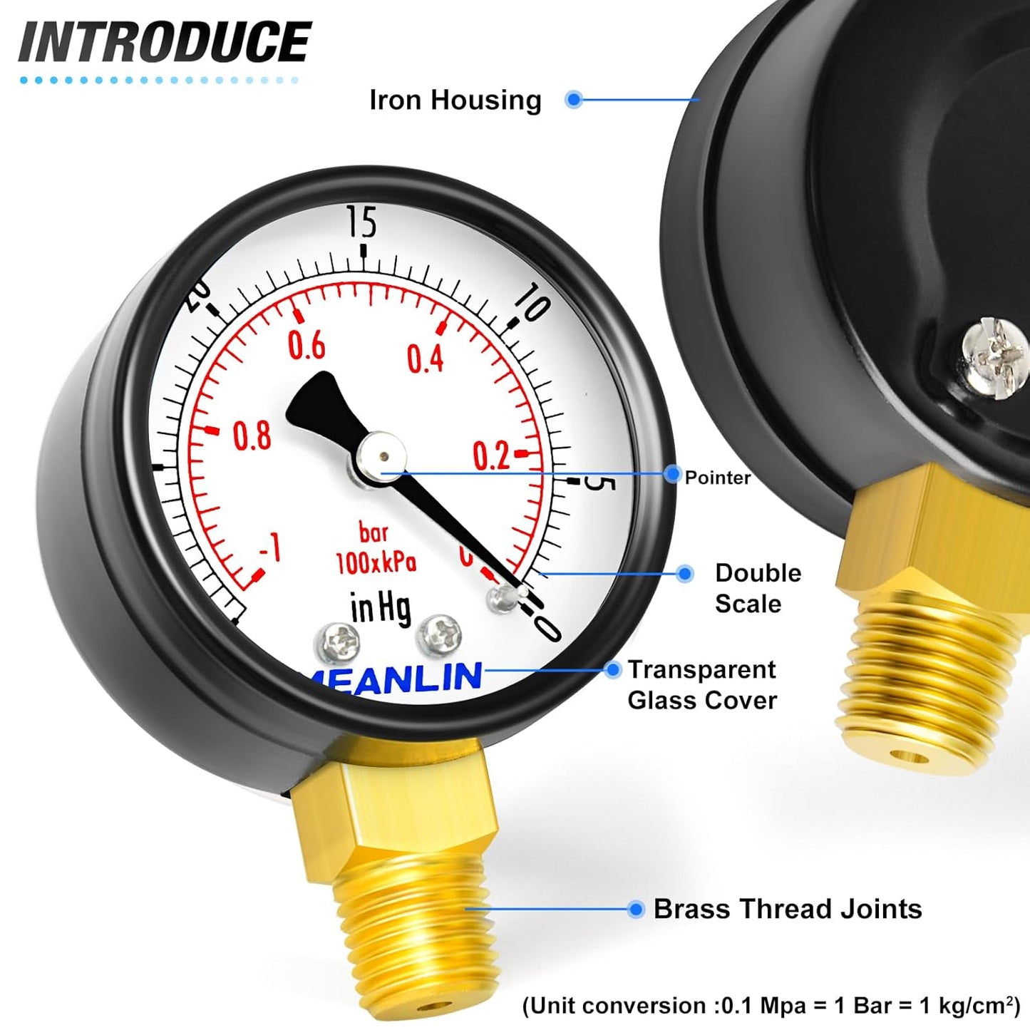 MEANLIN MEASURE -30inHG~0Psi Dry Vacuum Pressure Gauge, 2" DIAL FACE 1/4" NPT WOG Water Oil Air Pressure Test, Lower Mount, with 1/2" NPT and 3/8" NPT Hex Bushing