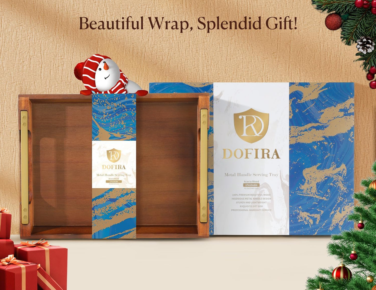 Acacia Wood Serving Tray with Metal Handles, 17x13in Large Ottoman Tray, Food Drinks Tray for Coffee Table, Breakfast, Dinner & Bar, Rustic Decorative Tray for Kitchen, Bedroom Gift Box