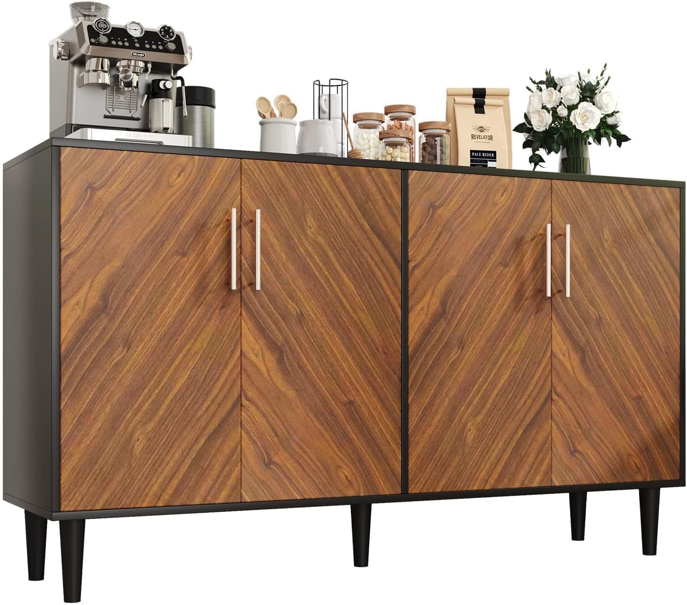 4 EVER WINNER Buffet Cabinet with Storage, 58" Sideboard Cabinet with Adjustable Shelves, Modern Coffee Bar with 4 Doors for Living Room Entryway, Walnut and Black