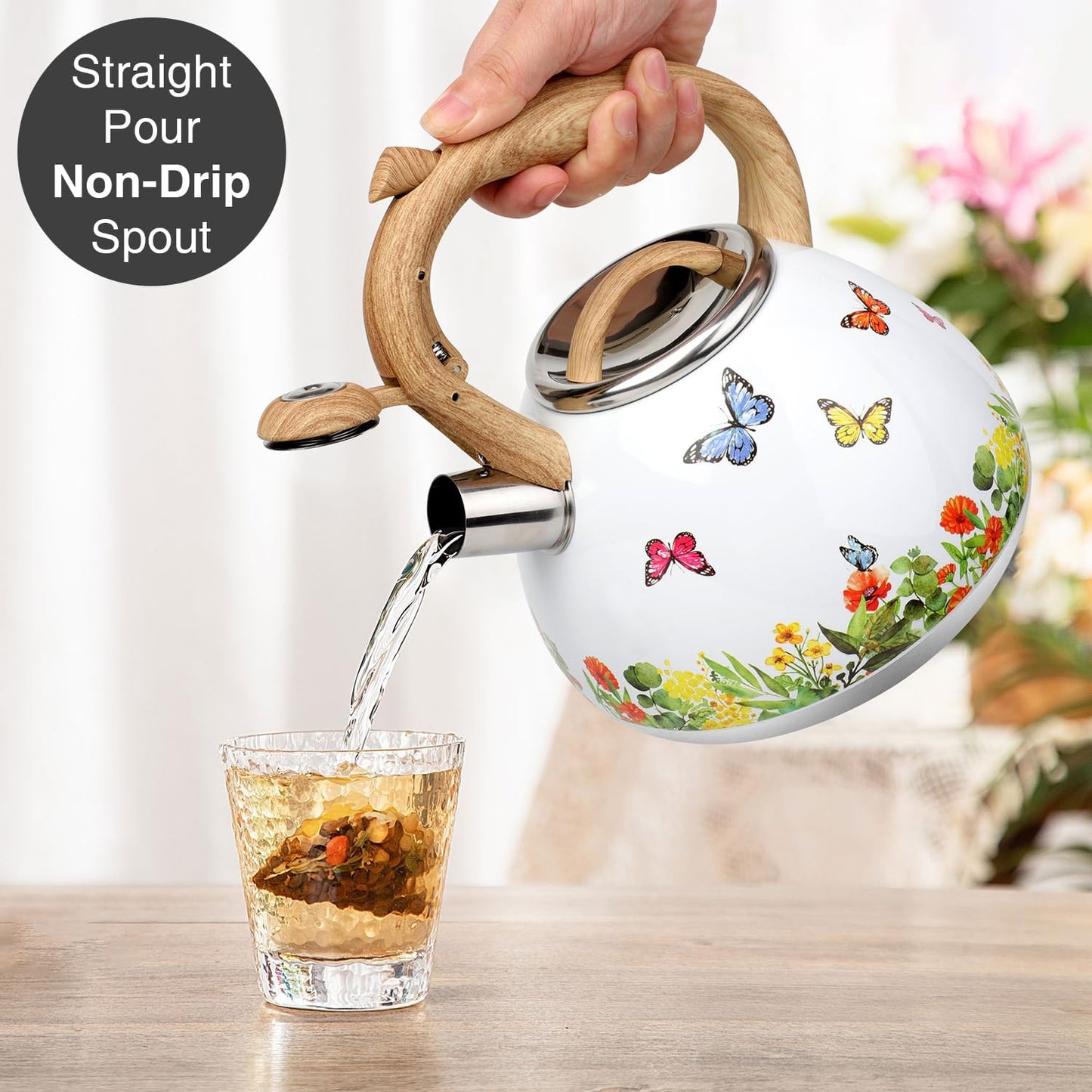Tea Kettle, Toptier Teapot Whistling Kettle with Wood Pattern Handle Loud Whistle, Food Grade Stainless Steel Tea Pot for Stovetops Induction Water Kettle, 2.7-Quart Butterfly
