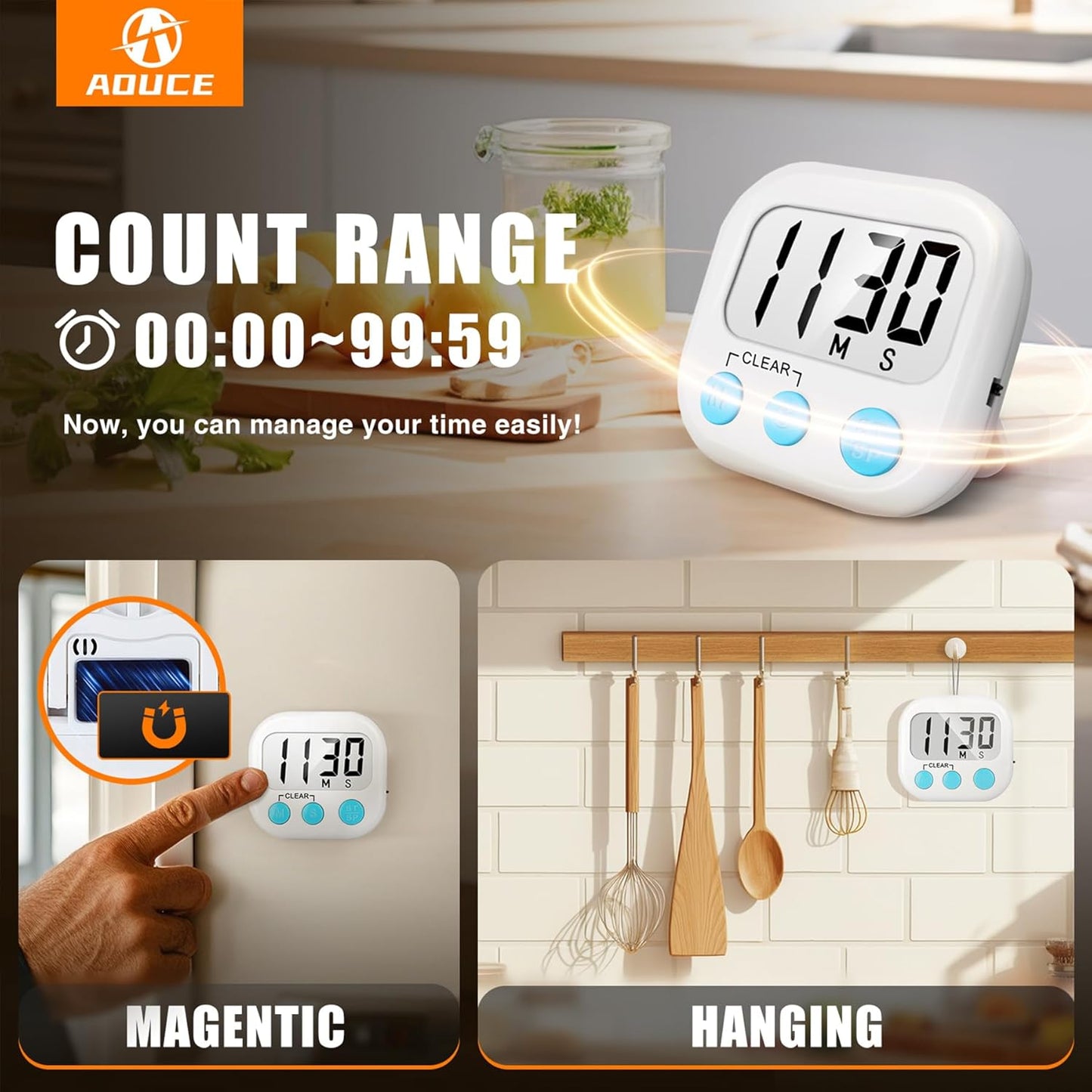 2 Pack Digital Kitchen Timer for Cooking Big Digits Loud Alarm Magnetic Backing Stand Cooking Timers for Baking White