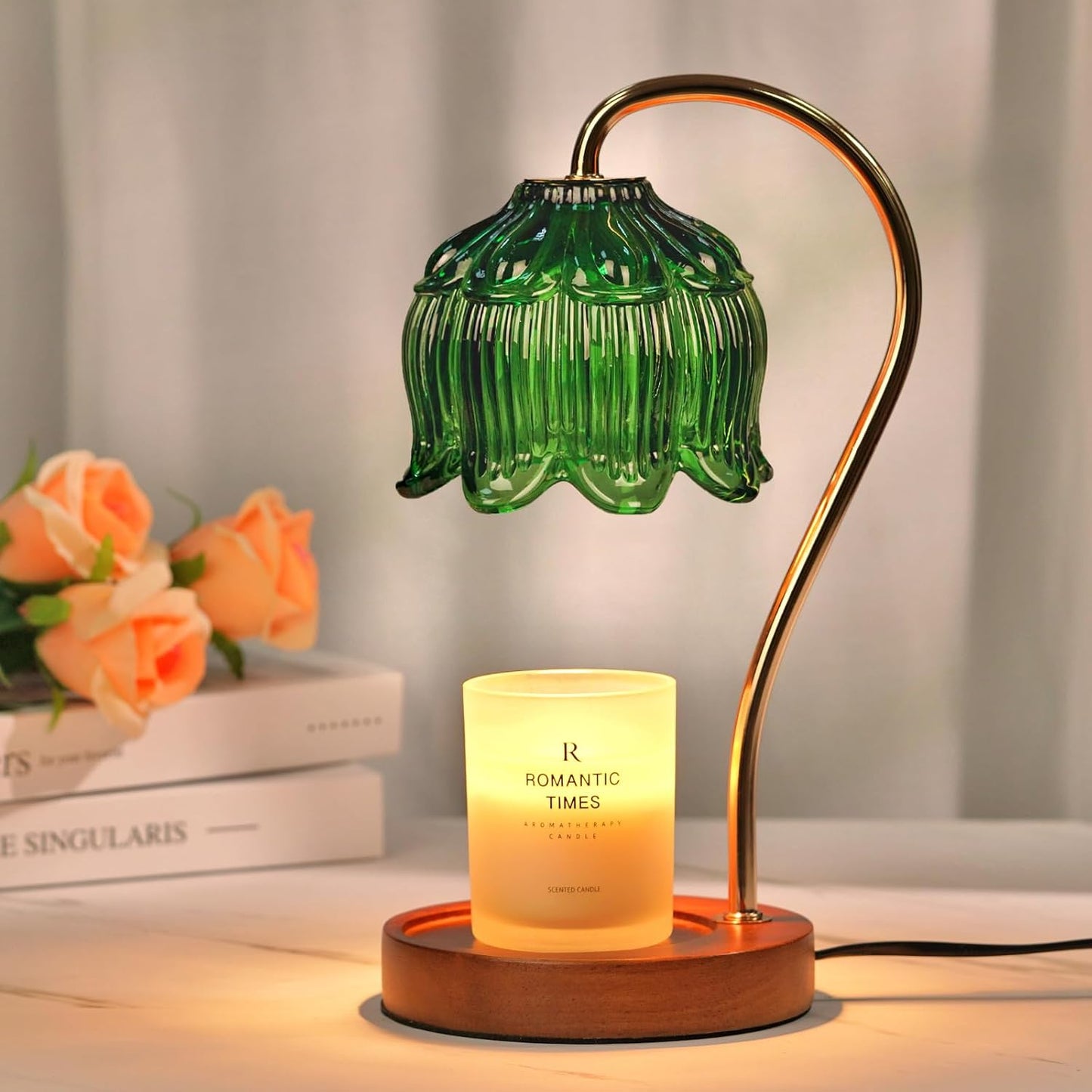 Green Candle Warmer Lamp with Timer, Christmas Gifts, Dimmable Flower Candle Lamp Warmer, Vintage Birthday Gifts for Women, Mom, Female Friend, Aromatic Candle Light for Yankee Candles