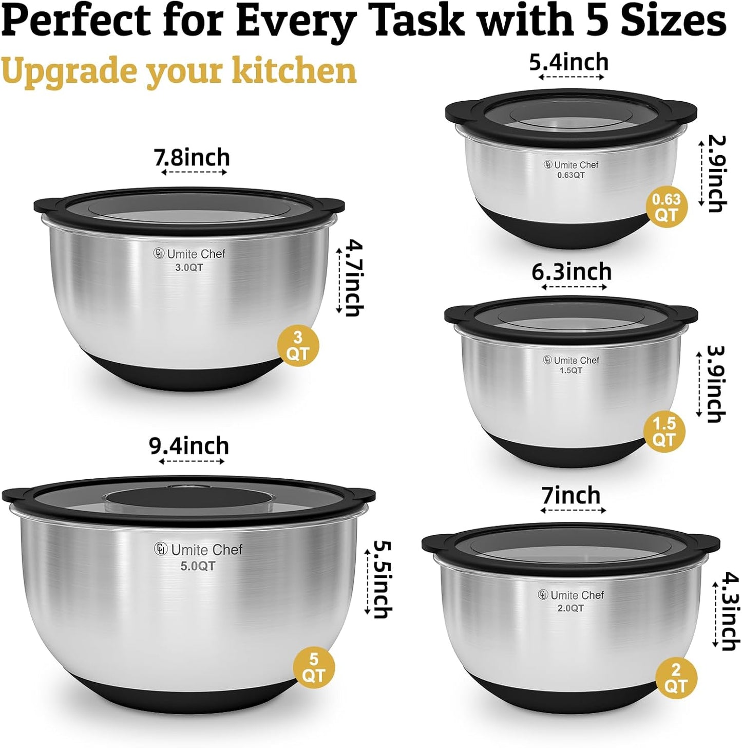 Mixing Bowls with Lids Set - Non-Slip, Airtight Warp-Proof TPR-AS Lids, Thicker Stainless Steel Bowls, Measurement Lines & 3 Graters, Prep Meal Bowl, Black Nesting Bowl for Kitchen, 5/3/2/1.5/0.63QT