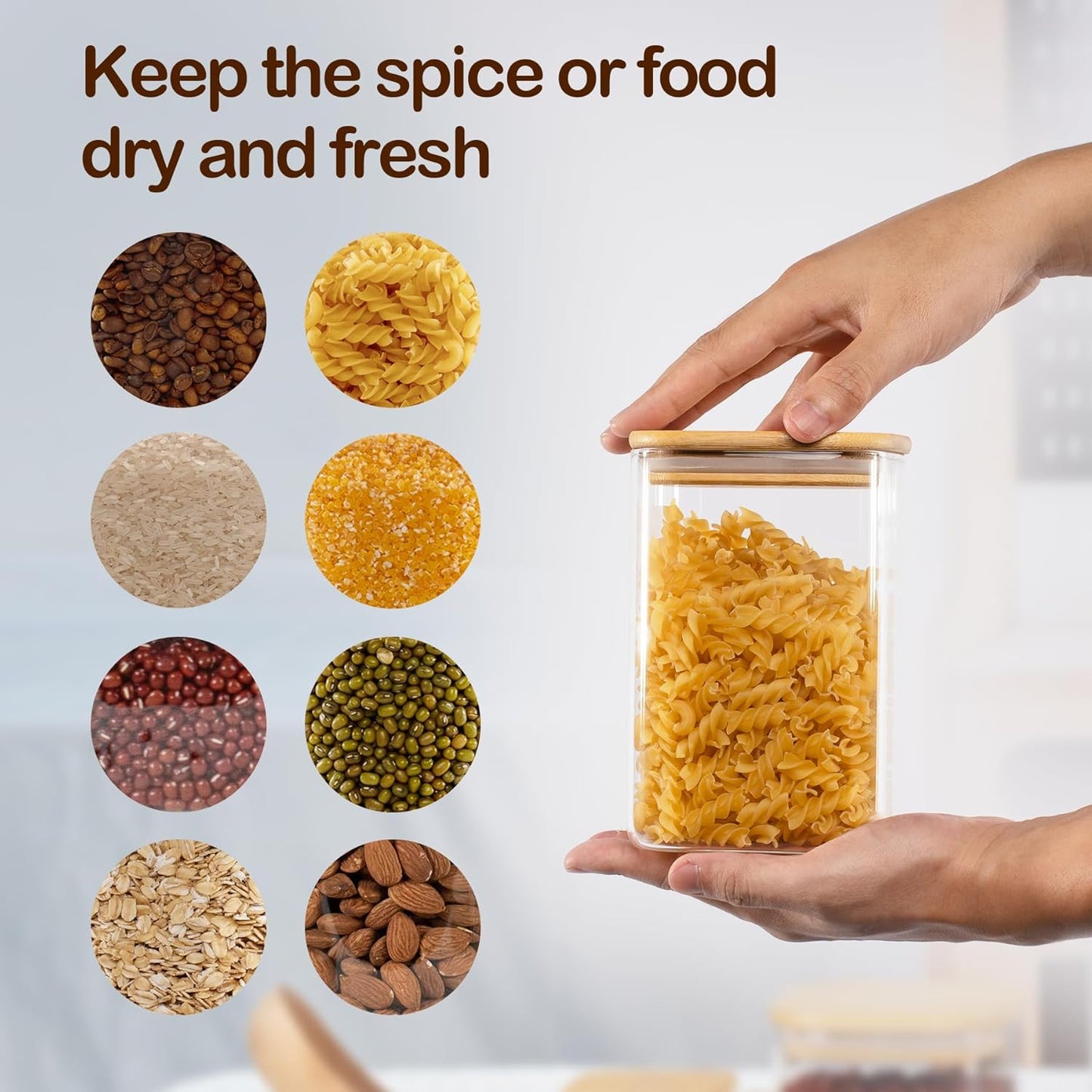 41oz Airtight Glass Square Storage Canister with Bamboo Lid Set of 4 (1200ml) Container Stackable Jar, Kitchen Canister for Pantry Noodles, Flour and Coffee beans (‎with Black Lable)