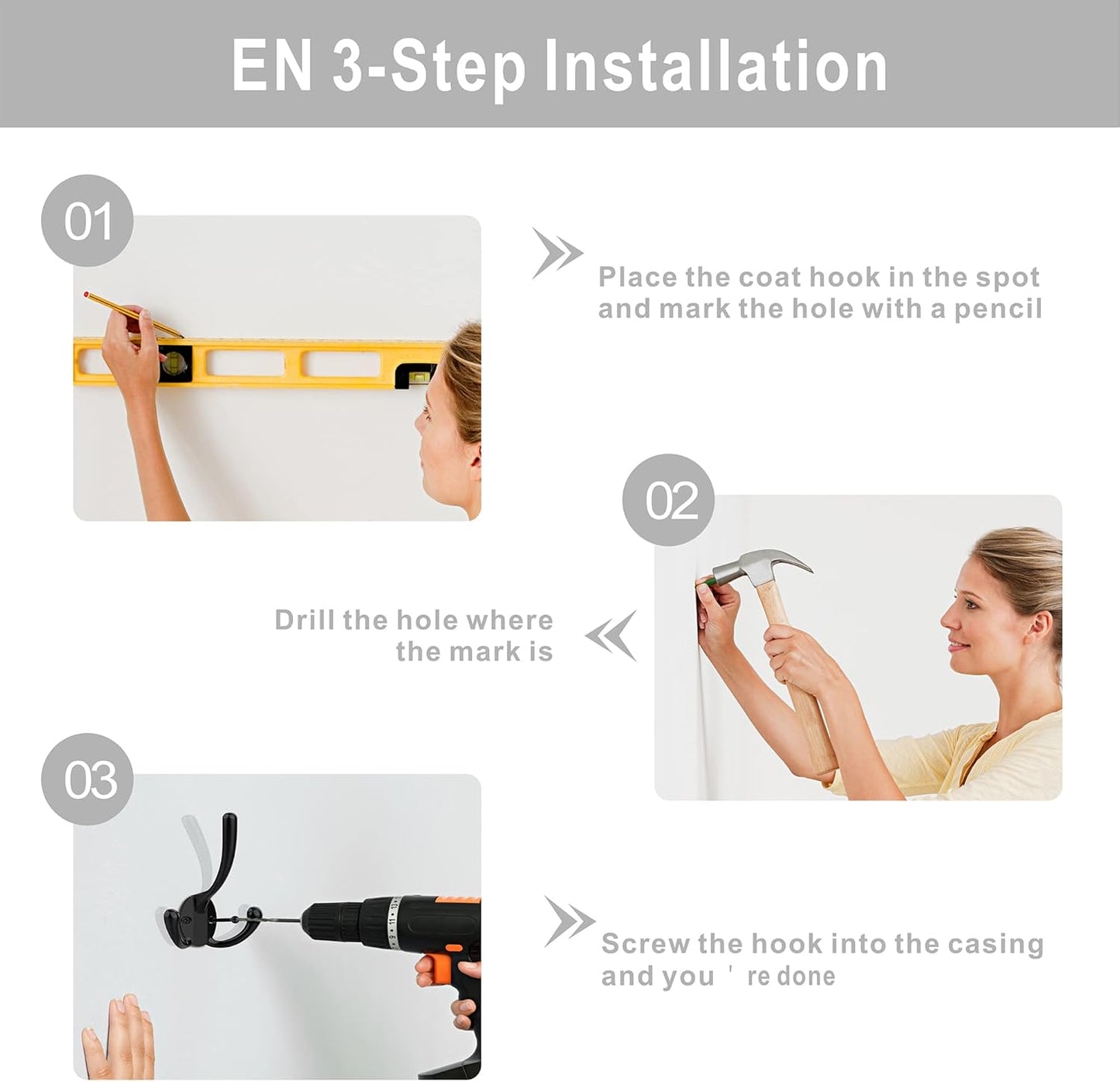 10 Pack Heavy Duty Wall Mounted Black Coat Hooks With 30 Screws - Mudroom, Backpack, Robe, Hat Hooks (Two Types of Hooks + Three Types of Screws Included)