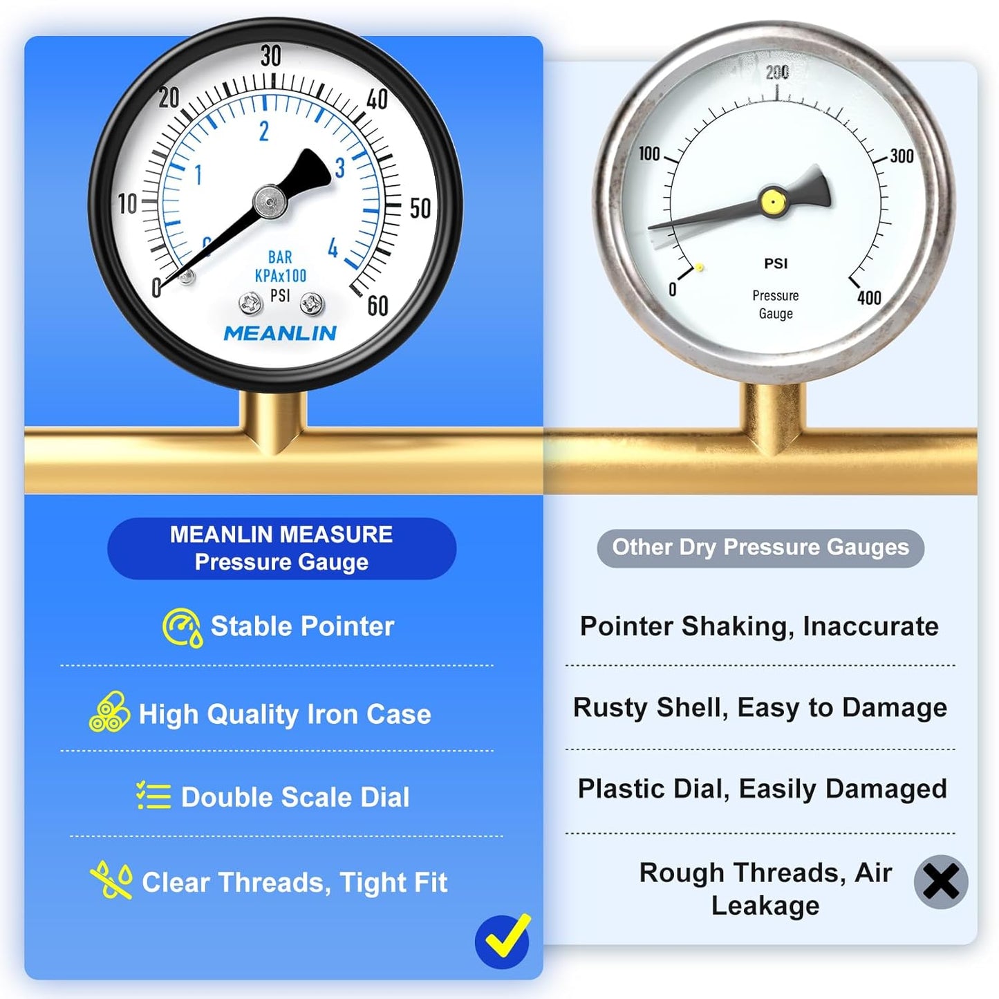 MEANLIN MEASURE 0-60Psi 2" DIAL FACE 1/4" NPT Well Pump Pressure Gauge, with 1/2" NPT and 3/8" NPT Hex Bushing, Pool Sand Filter WOG Water Oil Air Pressure Test, Center Back Mount