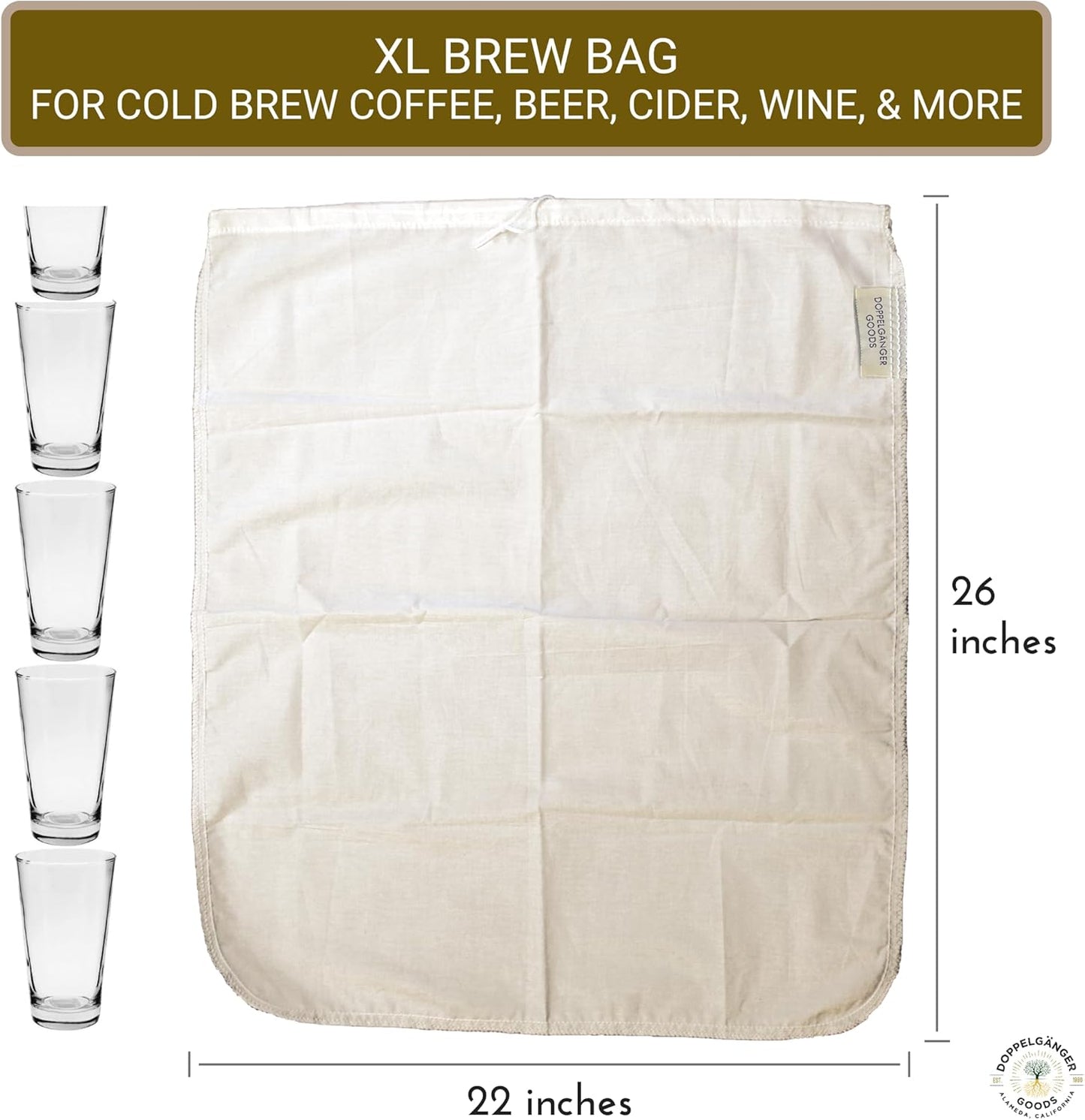 (XL 22in x 26in) Organic Cotton Brew In A Bag - Reusable Home Brewing Strainer Bag to Boil and Strain Hops, Apple Cider, or Extra Large 5 Gallons Commercial Cold Brew Coffee Filter