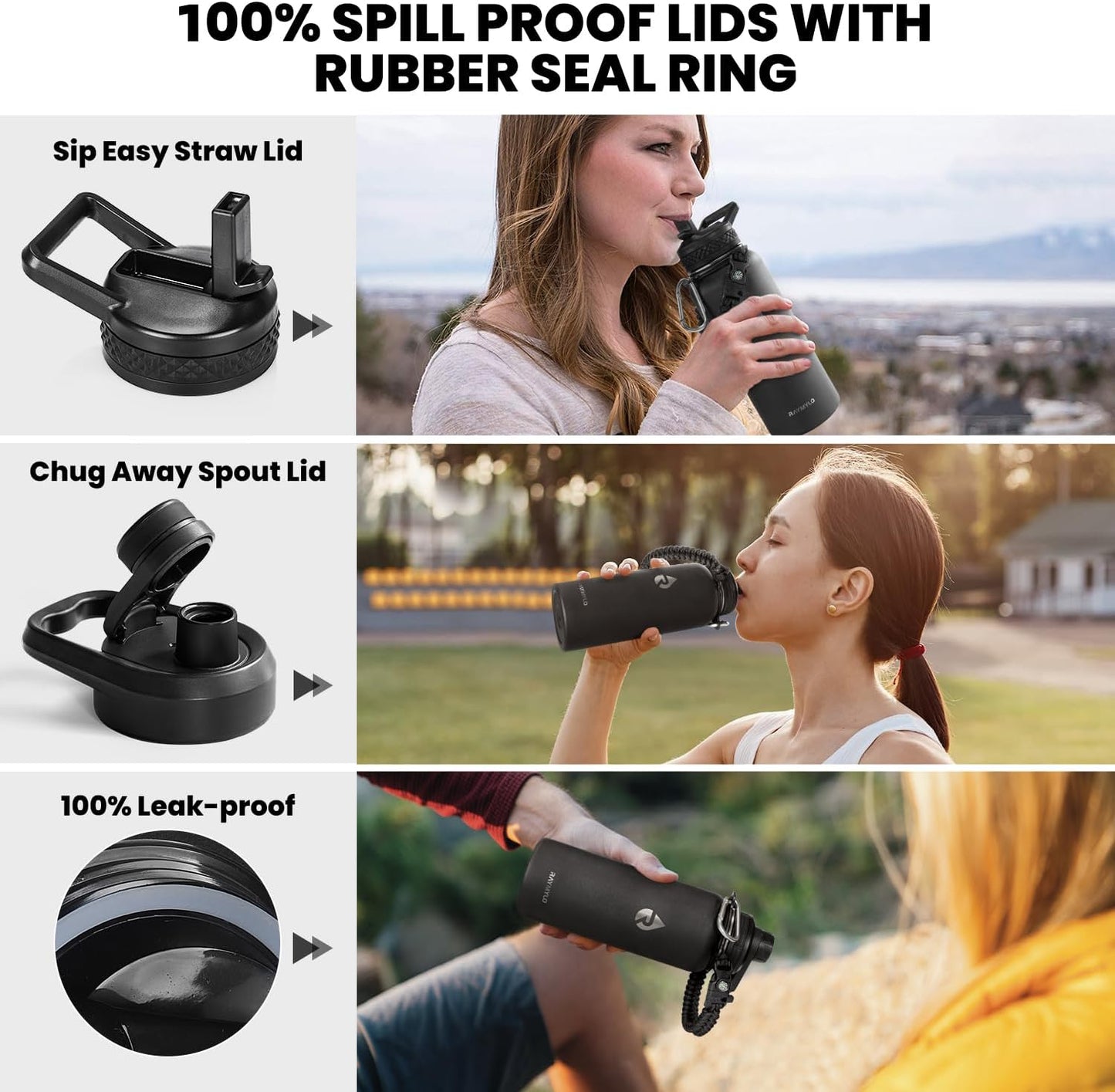 Insulated Water Bottle 32 oz, Triple Wall Vacuum Stainless Steel (Cold for 48 Hrs), Leak Proof & Non-BPA, Modern Water Flask Jug with Paracord Handle & Straw Spout Lids, Magic Black