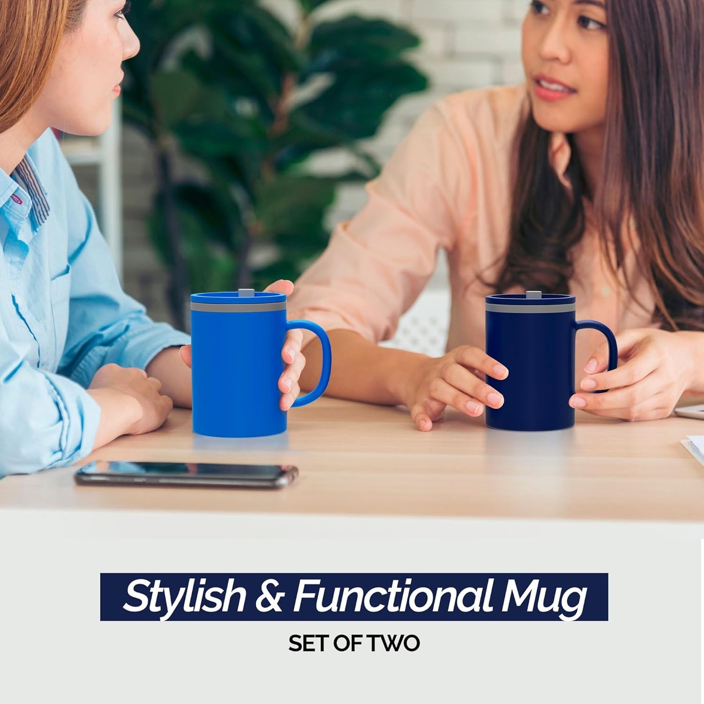 Copco Iconic 16oz Double Wall Insulated Desk Mug with Lid and Handle, Set of 2, BPA-Free Reusable Plastic, Spill-Proof, Microwave & Dishwasher Safe, Wide Mouth, Cup Holder Friendly (Navy/Blue)