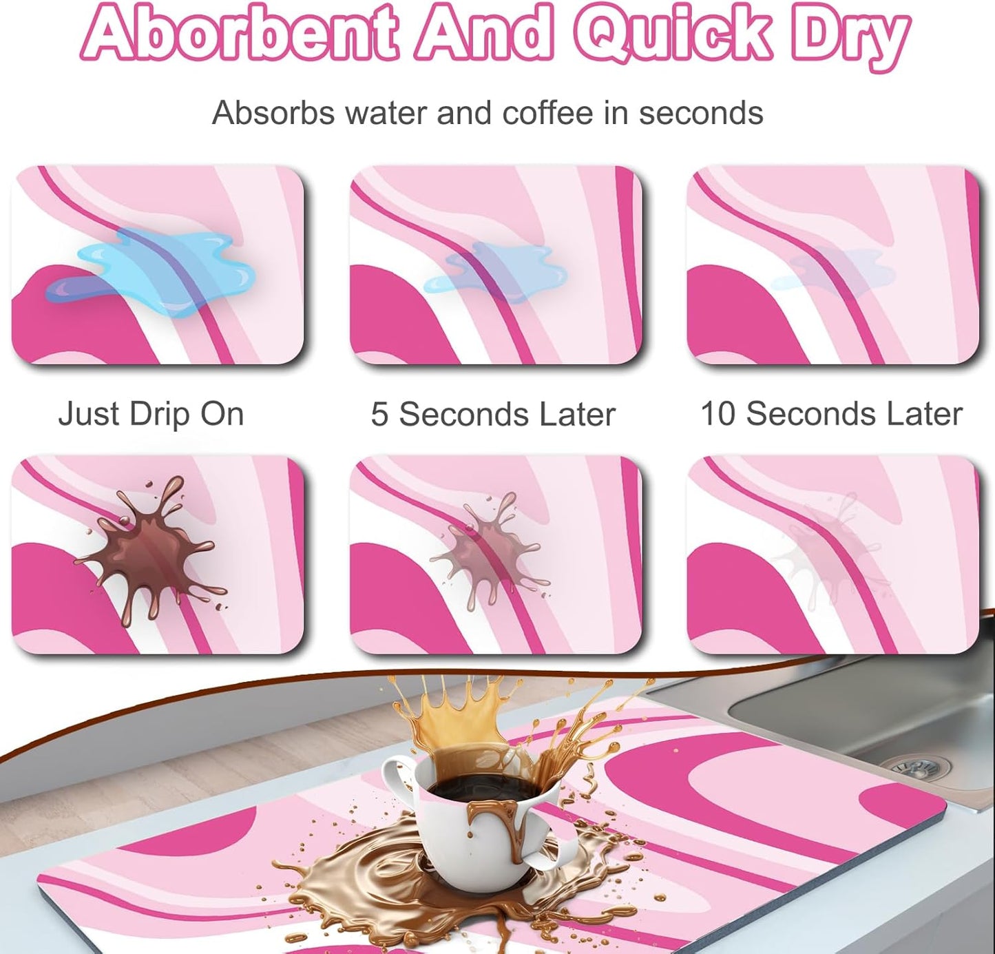 Dish Drying Mat 16" X 24", Super Absorbent & Cuttable Coffee Mats for Countertop, Kitchen Counter Mat Fits Under Coffee Maker or Machine, Hide Stain Drying Pad for Dish Drying Rack, Pink Abstract