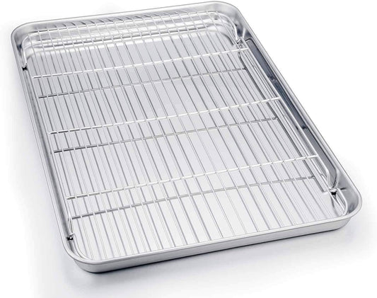 TeamFar Baking Sheet with Cooling Rack, Stainless Steel Half Size Cookie Sheet Pan and Baking Rack Set, 20’’×14’’×1’’, Non Toxic & Rust Free, Thick & Heavy Duty, Mirror Finish & Dishwasher Safe