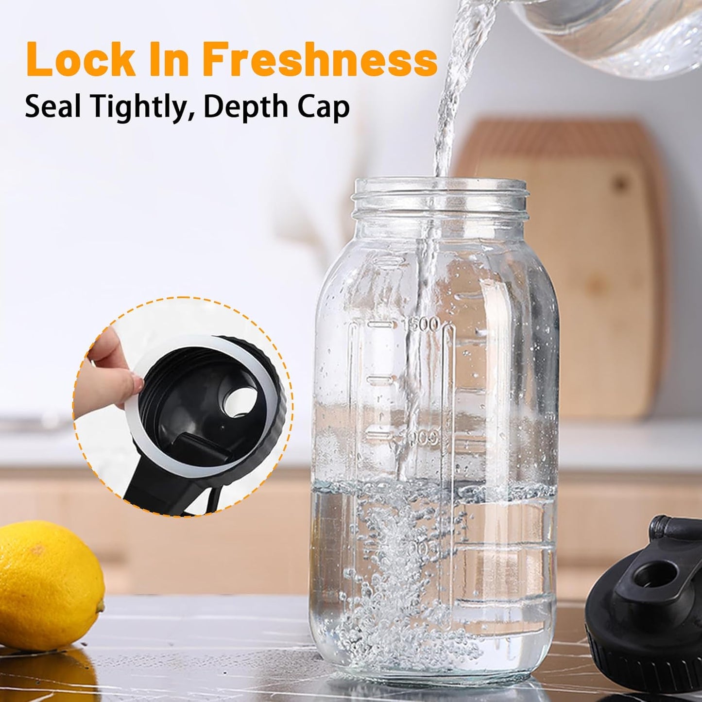 64oz Glass Pitcher with Lid-2 Quart, Leak-Proof Wide Mouth Jar with Pouring Airtight Lid, Heavy Duty Glass Mason Jar Pitcher, Ideal Container for Water, Juice, Milk and Drinks Storage