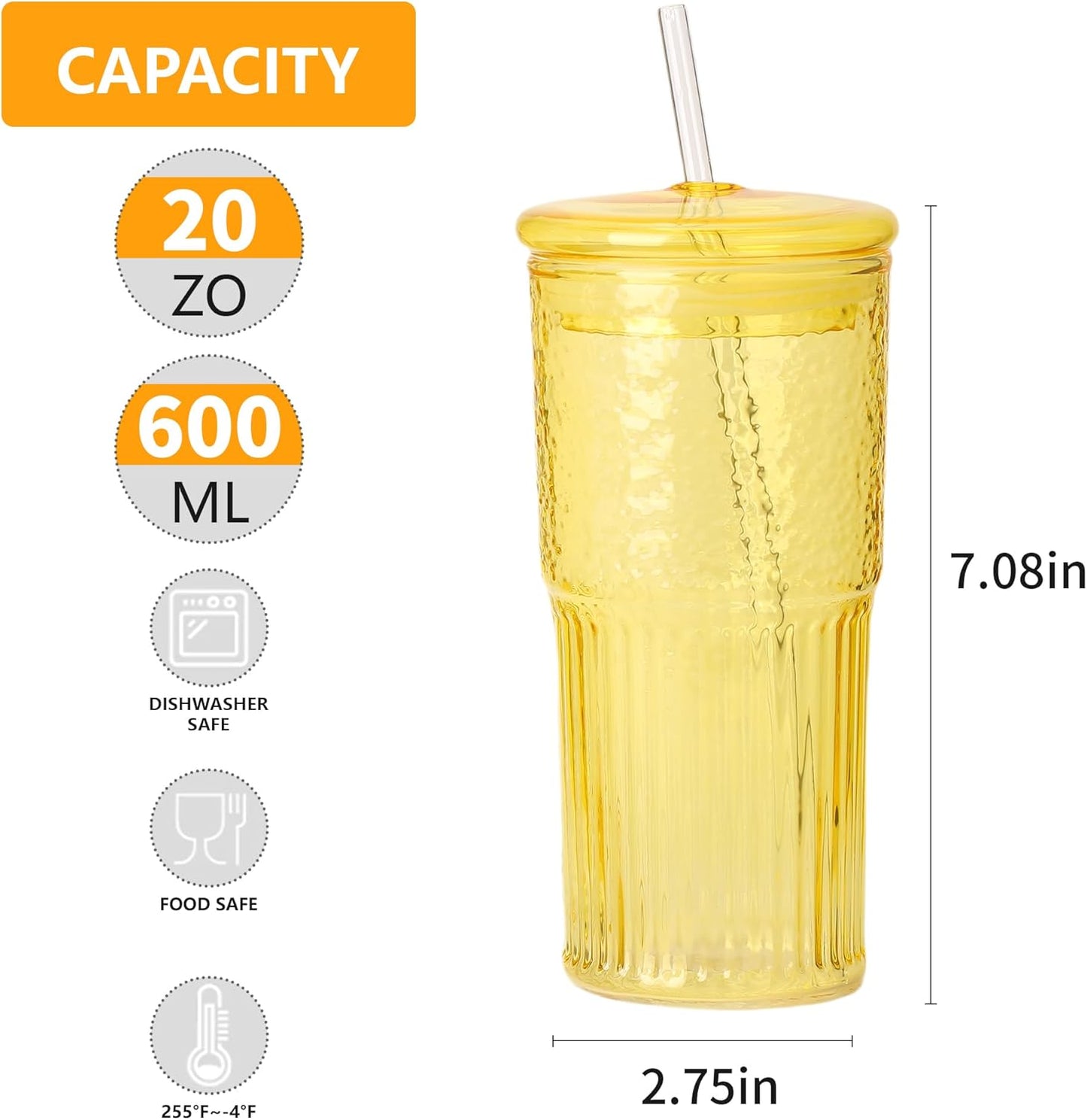 20 OZ Glass Cup with Lids and Glass Straws, High Borosilicate Iced Coffee Glass Tumblers with Lid and Straw for Drinks, 2pcs Reusable Wide Mouth Smoothie Cup(Yellow)