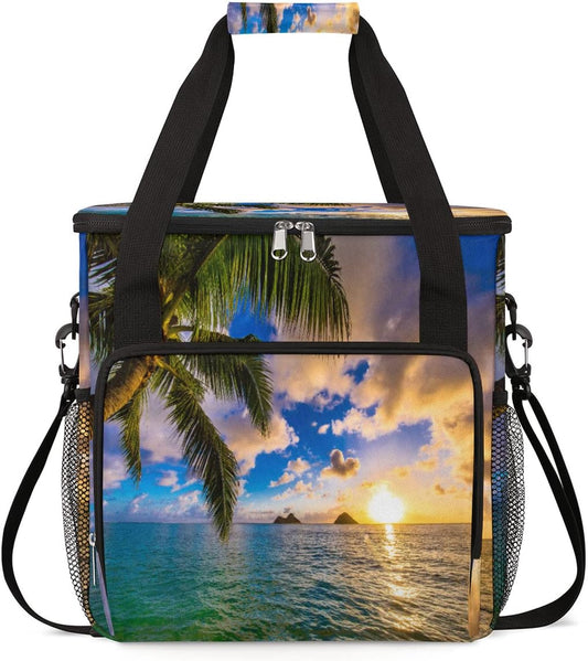 Beach Sunset Coffee Maker Carring Bag Palm Tree Travel Storage Tote Bag Compatible with Keurig K-Mini or K-Mini Plus Portable Single Serve Coffee Brewer Case with Pockets for K-cup Pods