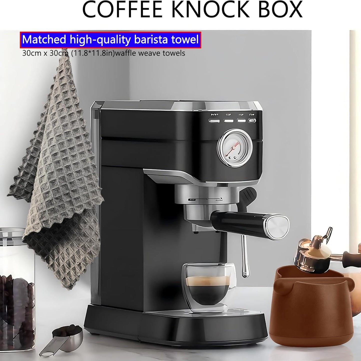 Espresso Knock Box with Barista Towels, Removable Shock-absorbent Knock Bar & Non-Slip Base - Co ffee Knock Box for Coffee Grounds, Espresso Machine Accessories, Brown