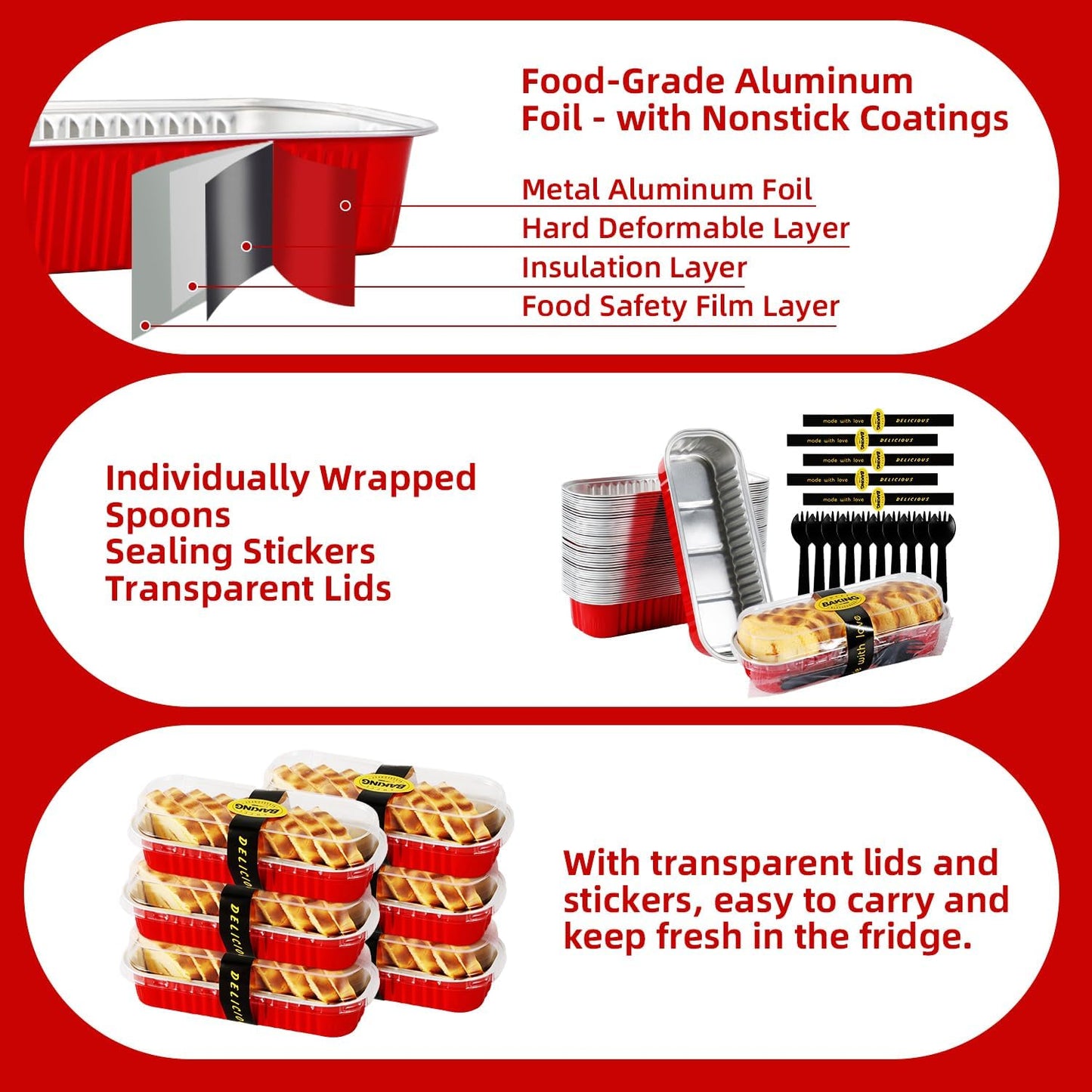 Mini Loaf Pans with Lids and Spoons Sealing Sticker,60 Pcs 6.8oz Cake Pans for Baking Disposable Aluminum Foil Red cake pan (60 PCS RED)