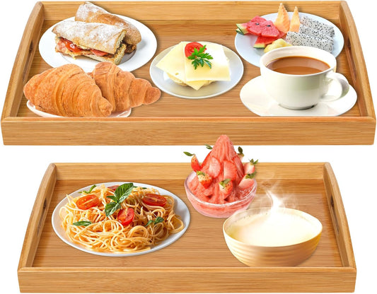 2 Pack Bamboo Serving Tray with Handles, Portable Bed Tray for Breakfast Dinner, Eating Trays for Living Room,Restaurants