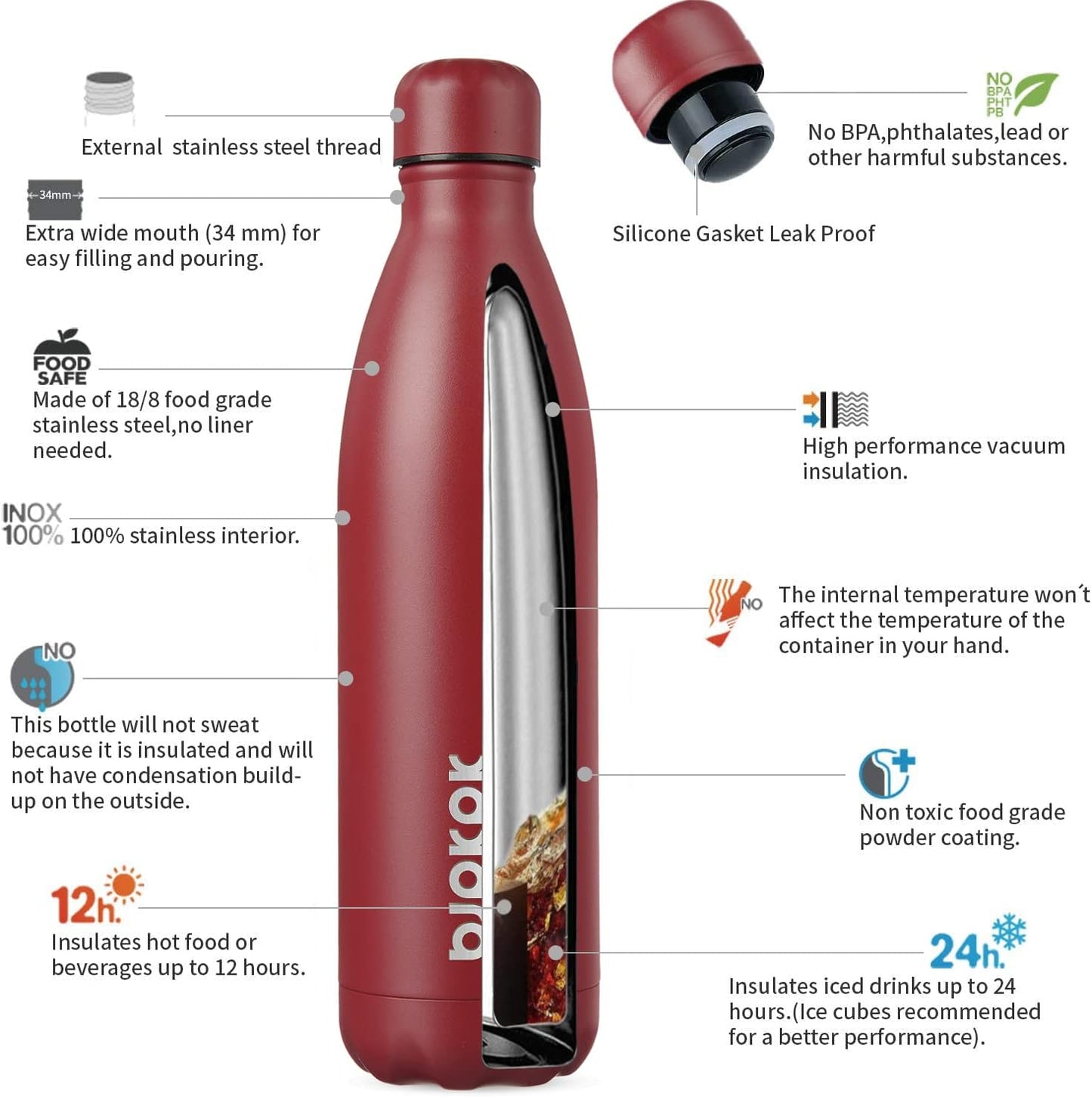 BJPKPK Stainless Steel Water Bottles 25oz Insulated Water Bottle Keep Cold And Hot, Brick Red