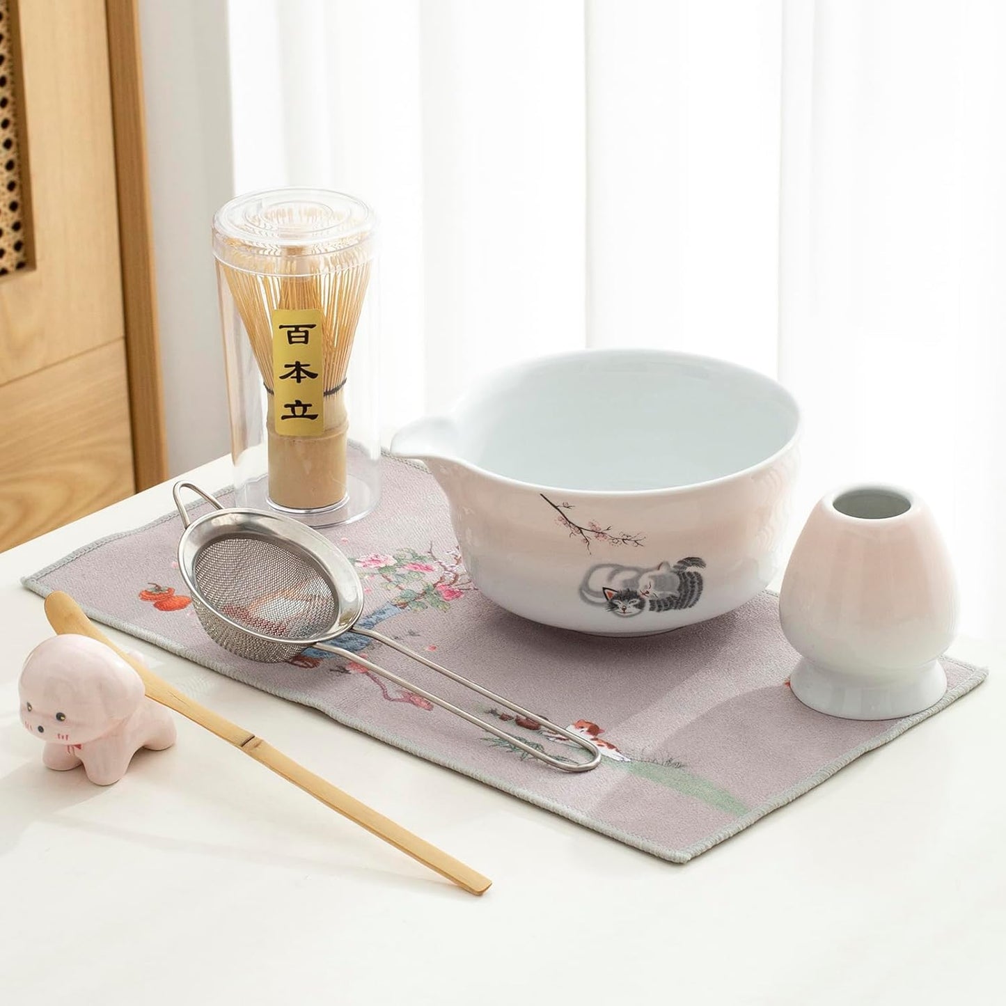 Matcha Whisk Set, Ceramic Matcha Set, 15.5 oz Matcha Bowl with Spout and Whisk, Perfect for Matcha Lovers, Ideal Gift for Christmas, Birthday(pink)