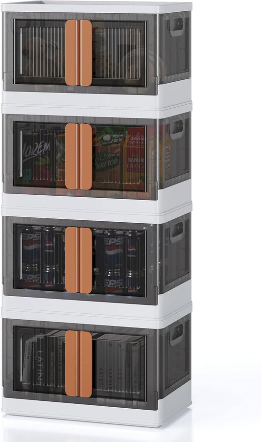 8.4Gal Collapsible Storage Bins with Lids & Wheels - 4 Pack Stackable with Doors, Heavy-Duty Plastic Containers for Home/Office, White