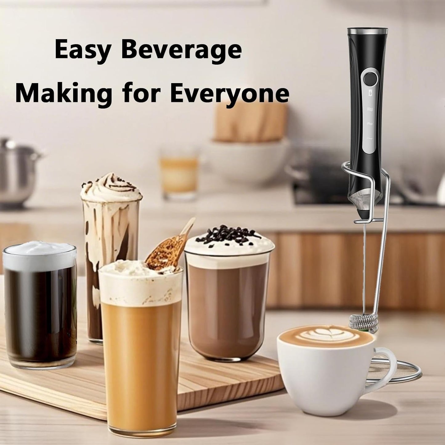 Rechargeable Milk Frother with Stand,Handheld Electric Foam Maker, Waterproof Detachable 3-Speed Adjustable Drink Mixer & Milk Foamer with 3 Stainless Steel Whisks for Lattes, Cappuccino
