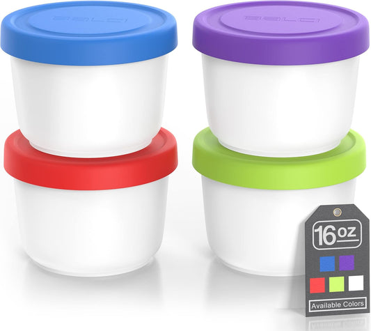 BALCI - 16oz Ice Cream Containers with Silicone Lids (Set of 4) - 1 Pint Each Freezer Food Storage Containers, Reusable, LeakProof, For Homemade IceCream Containers - Blue, Red, Green, Purple