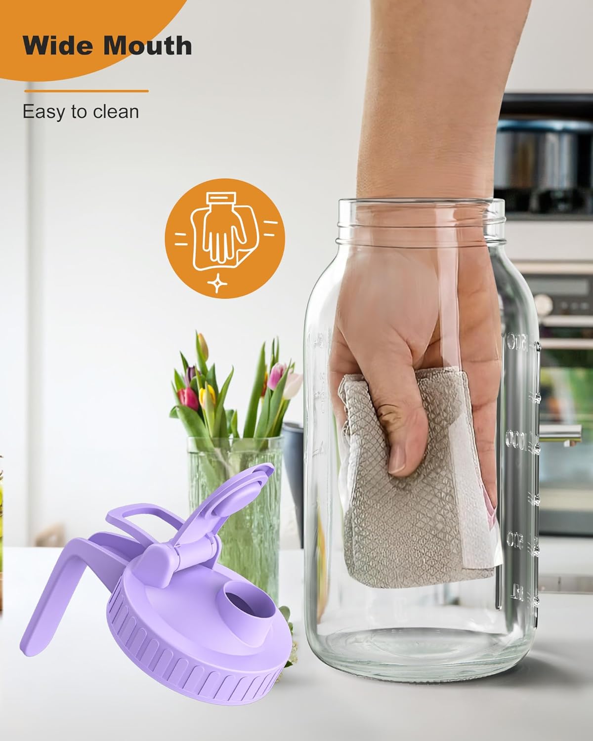 64oz Glass Mason Jar Pitcher with Lid Wide Mouth, 2 Quart Leakproof Glass Water Jug for Juice, Sun Iced Tea, Cold Brew Coffee, Milk Storage, Purple