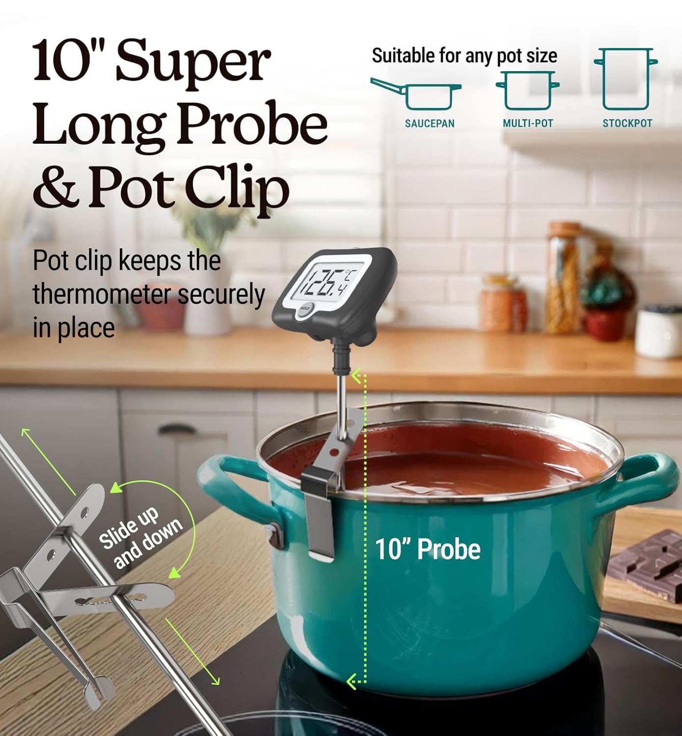 Digital Candy Thermometer with Pot Clip, 10" Long Stainless Steel Probe, Instant Read Kitchen Thermometer for Cooking, Baking, and Candy Making (Black)