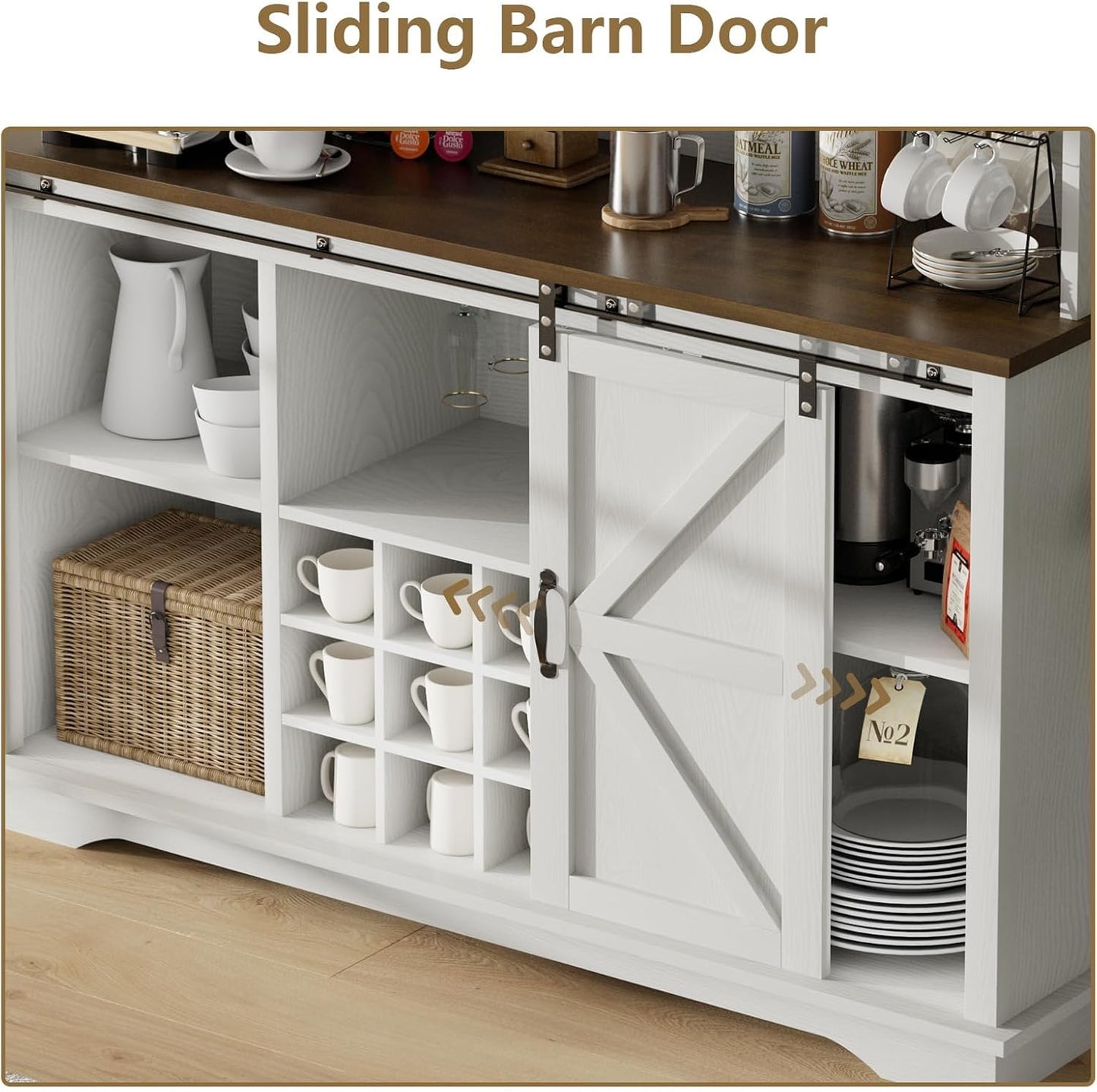 55 Inch Farmhouse Coffee Bar Cabinet with 3-Tier Storage, Kitchen Hutch with 12 Wine Racks & 3 Glass Holders, Coffee Bar with 6 Hooks, Wine Bar Cabinet for Dining Living Room, White