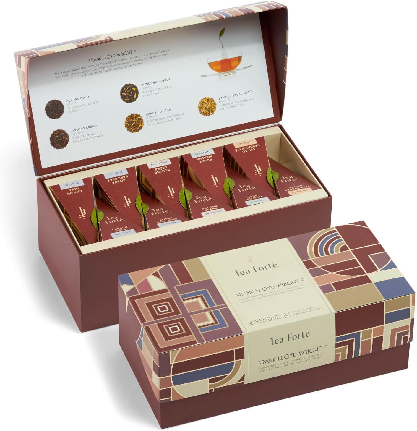 Tea Forte Frank Lloyd Wright Presentation Box Tea Gift Set Sampler, 20 Count 2 of Each Variety Individually Wrapped Handcrafted Pyramid Infuser Bags