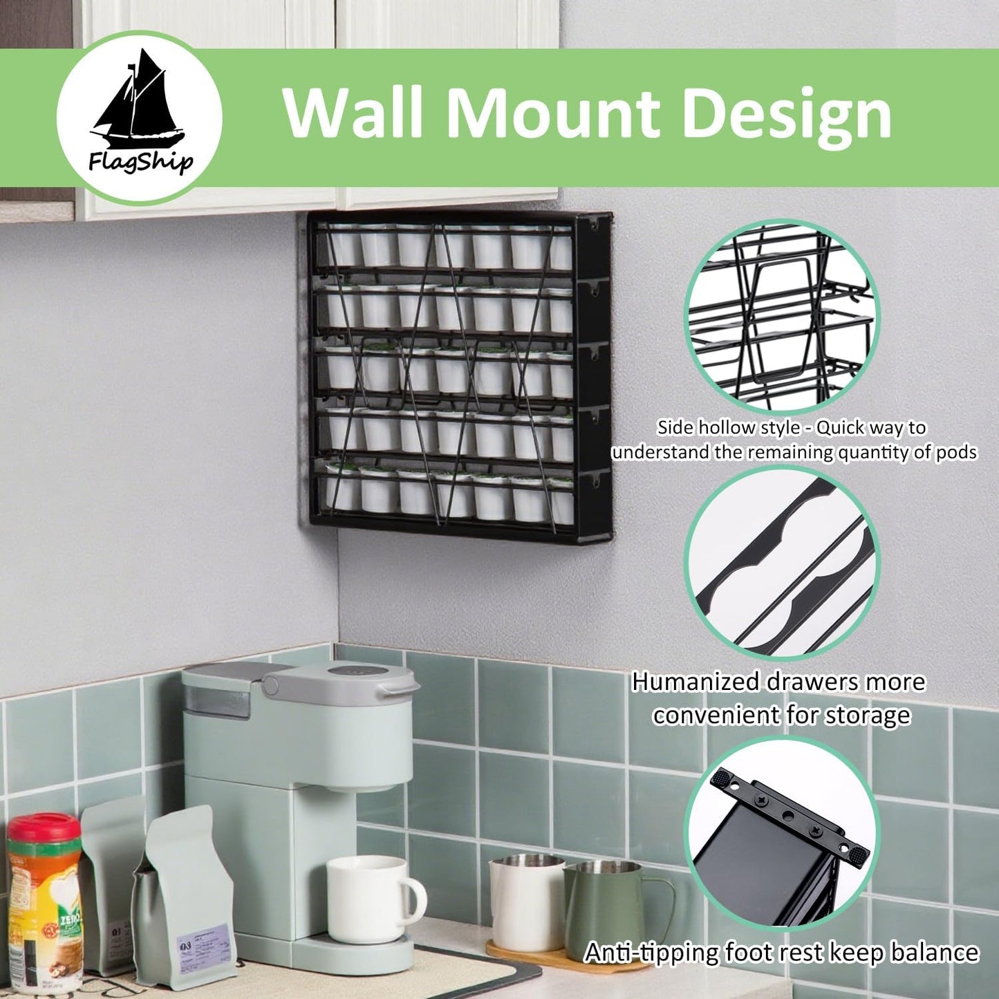 FlagShip 5-Tier Corner Coffee Pod Organizer for K Cup - 35 Capsules Metal Storage, Space-Saving Kitchen Countertop Rack Wall Mountable