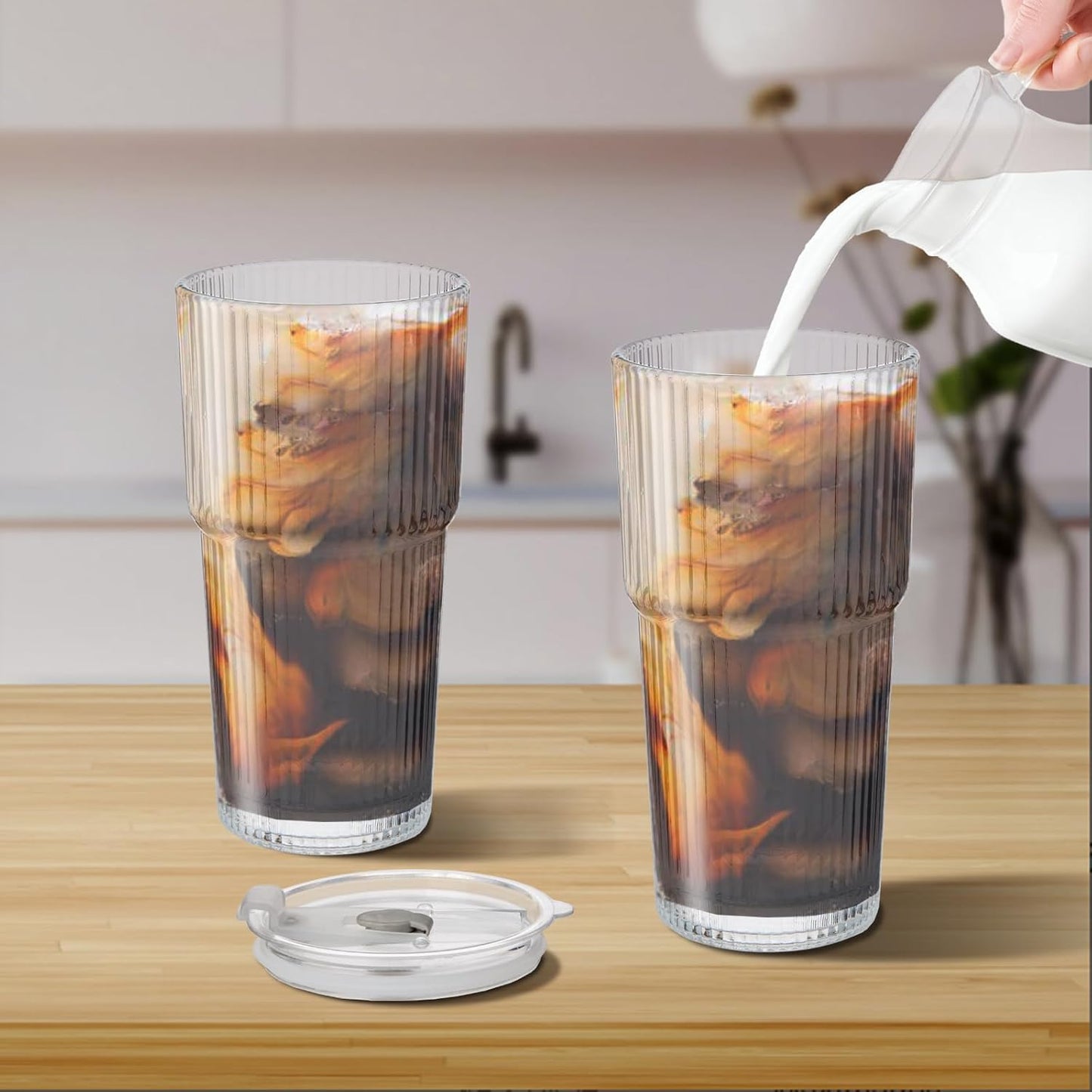 20oz Ribbed Glass Cups with Lids and Straws 2 Set, Vintage Glassware for Whiskey Cocktail Beer, Glass Tumbler, Iced Coffee Cups For Cold Drinks, Smoothie, Juice,Drinking (6)