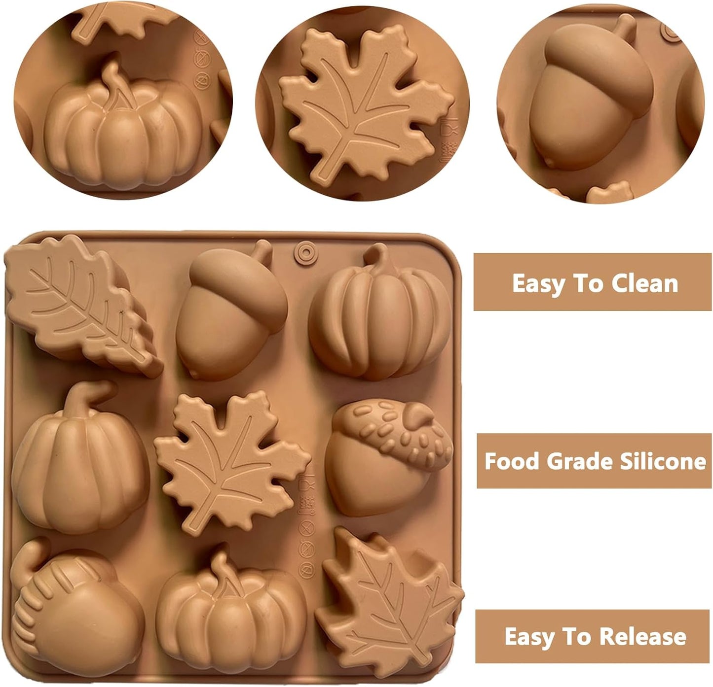2Pcs Fall Silicone Molds Autumn Silicone Chocolate Molds, Thanksgiving Candy Mold, Fall Chocolate Molds, Leafs Acorns Pumpkins Shape for Thanksgiving Halloween Autumn Harvest, Nude Color