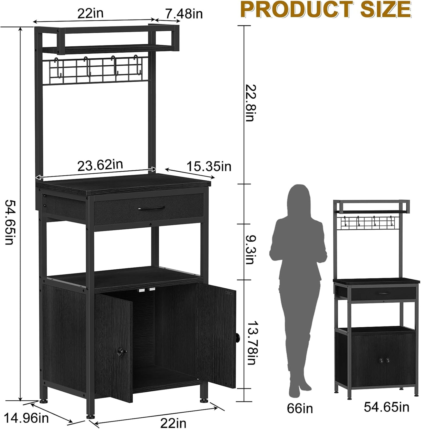 5-Tier Coffee Bar Cabinet & Microwave Stand with Storage, 2 Doors, 4 S-Hooks Kitchen Appliance Bakers Rack for Spices, Pots,Coffee Station for Small Spaces,Living Room,Entryway,Black