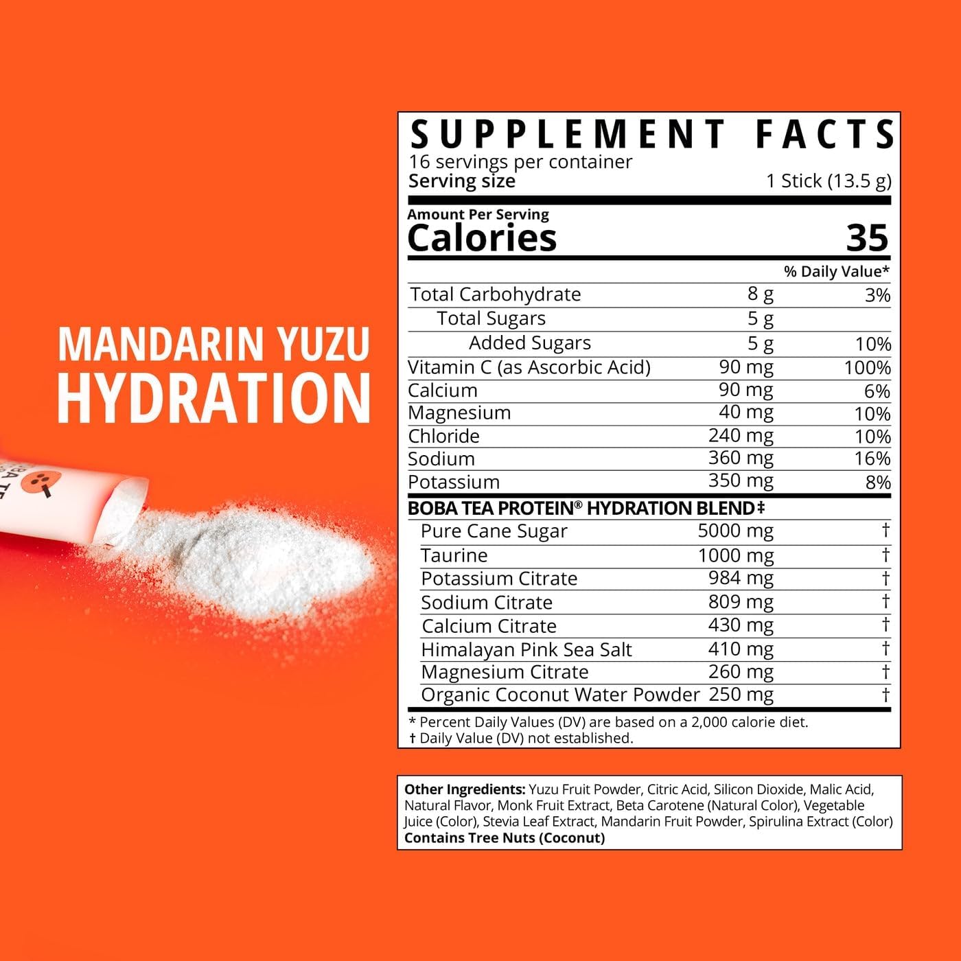 Boba Tea Hydration | Electrolyte Powder Drink Mix | Mandarin Yuzu | 1000mg Electrolytes, Vitamin C | 16 Stick Packets