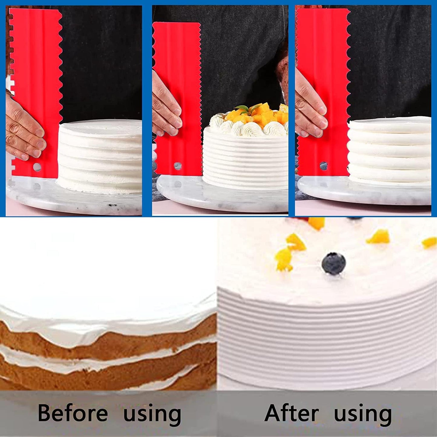 Adjustable Cake Scraper Smoother Tool,Cake Scraper Set,Double Sided Patterned Edge Smoothe Plastic Sawtooth Comb,Bench Scraper For Cake Decorating,Baking,cream Icing Smoother(4+1Pack)(Red,Blue)