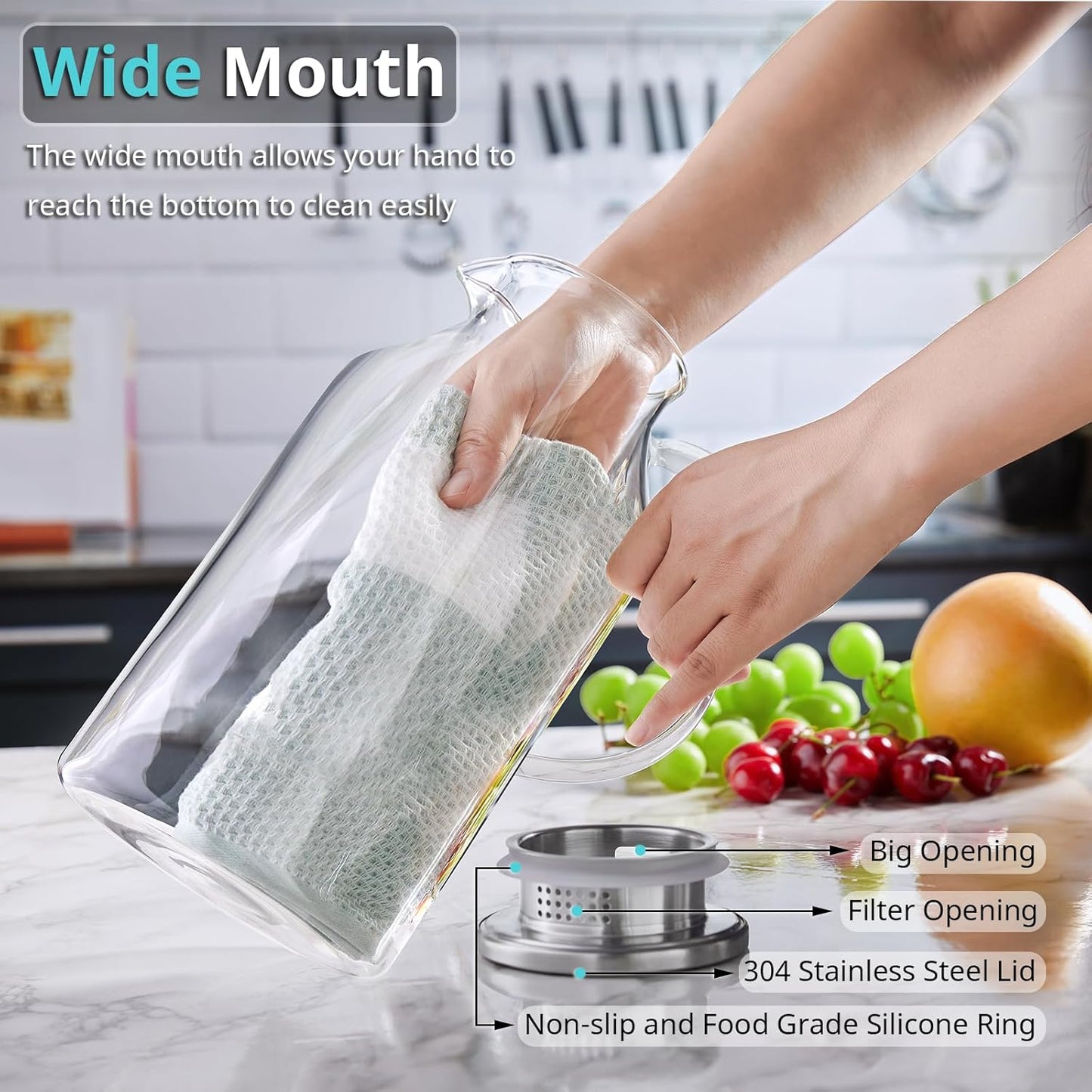 3 Liter 101 oz Glass Pitcher with Lid and Spout, Bivvclaz Glass Water Pitcher for Fridge, Glass Carafe for Hot/Cold Water, Iced Tea Pitcher, Large Jug for Coffee, Juice and Homemade Beverage