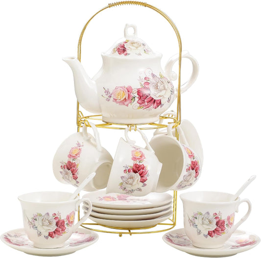 20-Pieces Porcelain Bone china Tea Sets,Gold Rim Coffee Set with Golden Metal Rack,Tea Gift Sets for Home&Party(003)