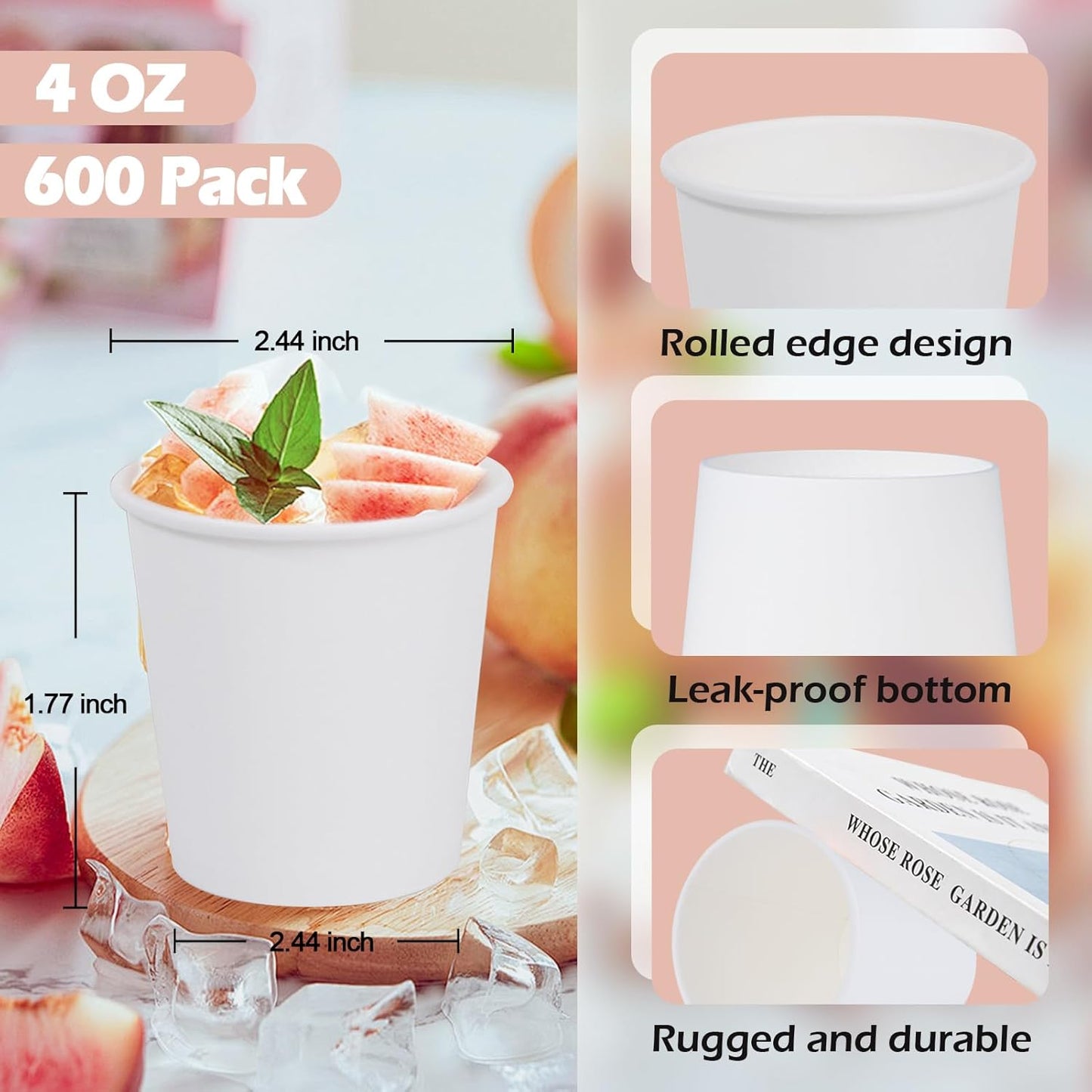 600 Pack 4 oz Paper Cups, Disposable Mini Bathroom Mouthwash Cups, Hot/Cold Drinking Cups, White Disposable Paper Cups for Bathroom, Home, Party, Office, Picnic, Travel