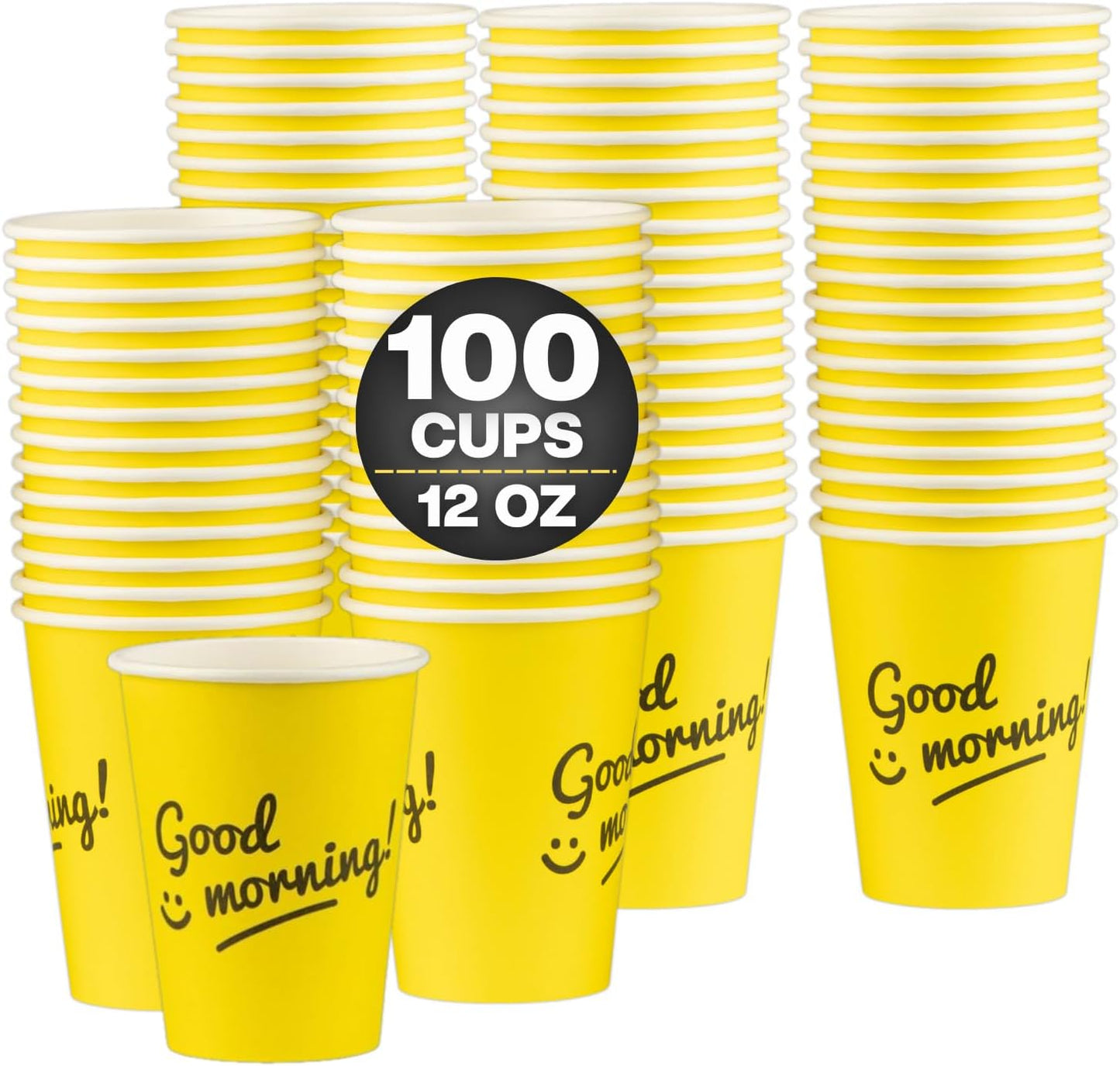 Smygoods Disposable Coffee Cups, To Go Paper Hot Cups, Good Morning Design (12 OZ, 100 Count) For Hot Beverages, Coffee, Tea, Espresso, Cocoa - Vasos Para Cafe