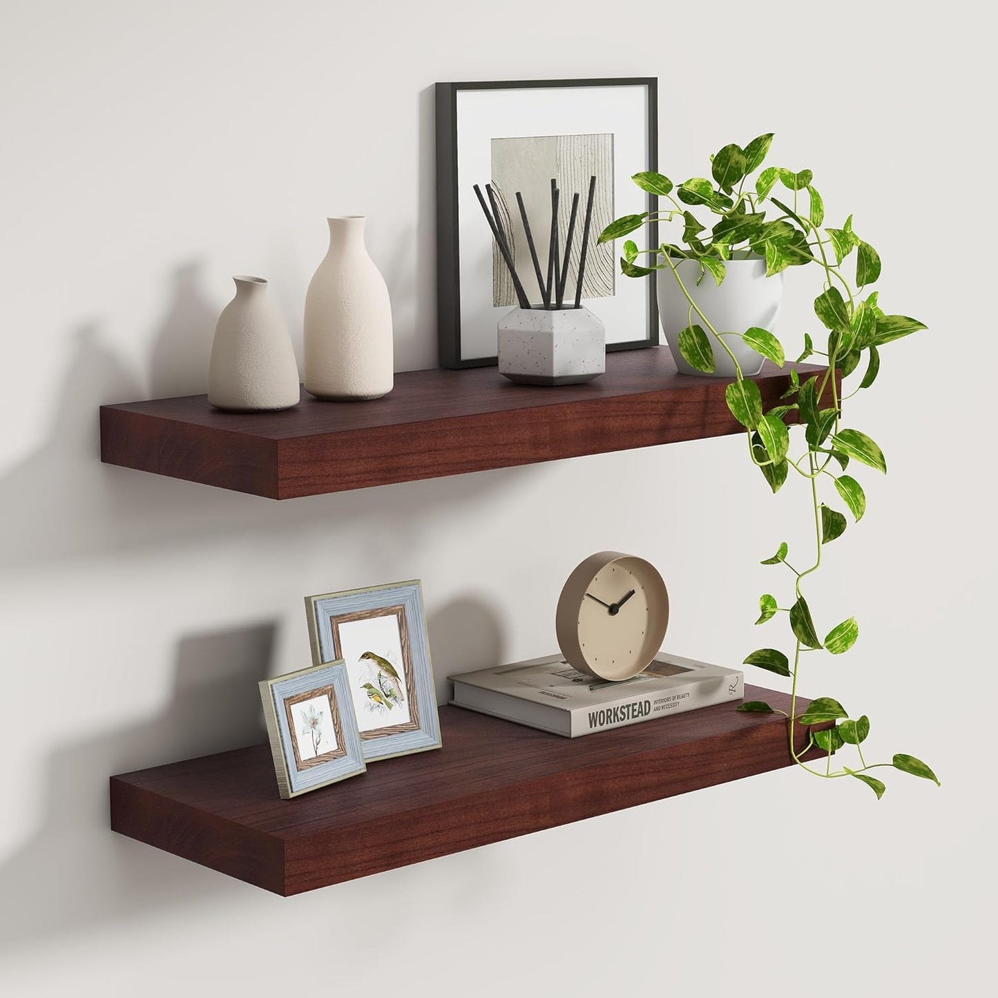 Floating Shelves, 9.3 Inch Deep Floating Shelves for Wall, Solid Wood Shelves 24 Inch Long, Deep Wall Shelves for Living Room, Bathroom, Kitchen, 24"W x 9.3"D x 1.6"H, Red Brown, Set of 2