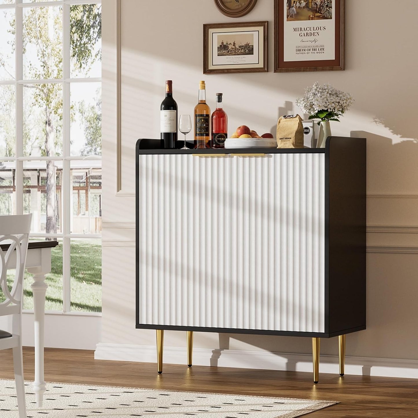 EOYUTLLY Coffee Bar Cabinet with Wine Rack & Glass Holder, Kitchen Wine Cabinet with Drawer and Storage, Liquor Bar Cabinet for Living Room Dining Room, Black Frame + White Door