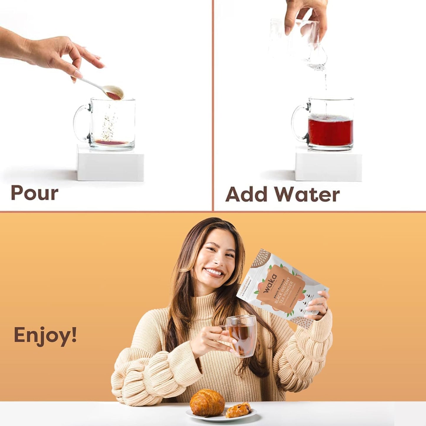 Waka Instant Black Tea Mix, Peach Flavored - 100% Tea Leaves, No Additives, Unsweetened Tea Powder for 50 Quarts or 200 Cups – Easy and Quick Hot or Iced Teas (4.5oz)