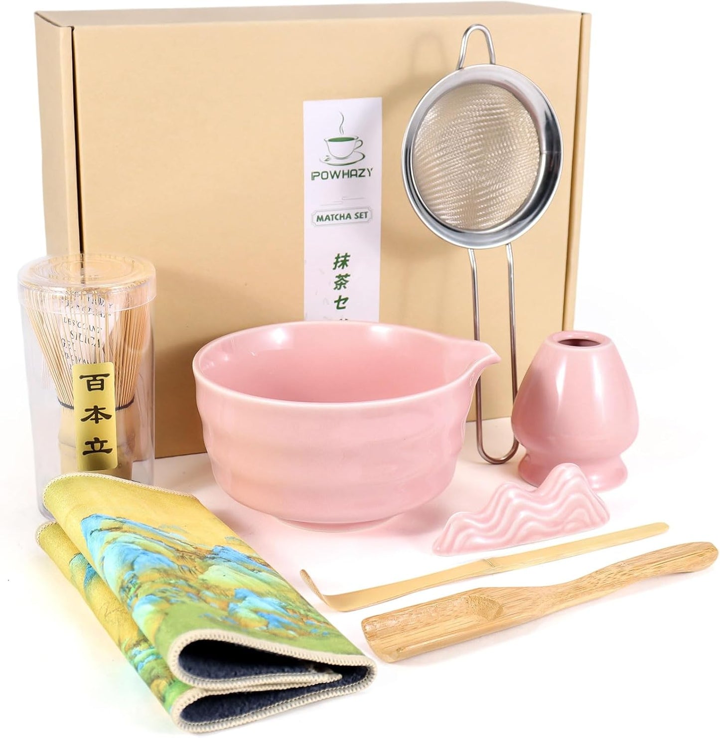 Matcha Whisk Set with Bowl (Chawan),8-Piece Bamboo Matcha Tea Set with Chasen, Whisk Holder, Chashaku Scoop & Holder, Stainless Sifter, Bamboo Spoon, Tea Towel,Gift for Matcha Latte & Tea Ceremony