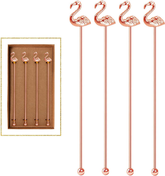 4 Pcs Flamingo Cocktail Stirrers Swizzle Sticks Stainless Steel 7.28" Coffee Stir Sticks with Decor Top for Mixing Cocktail, Hot Cocoa, Creamer, Rose Gold