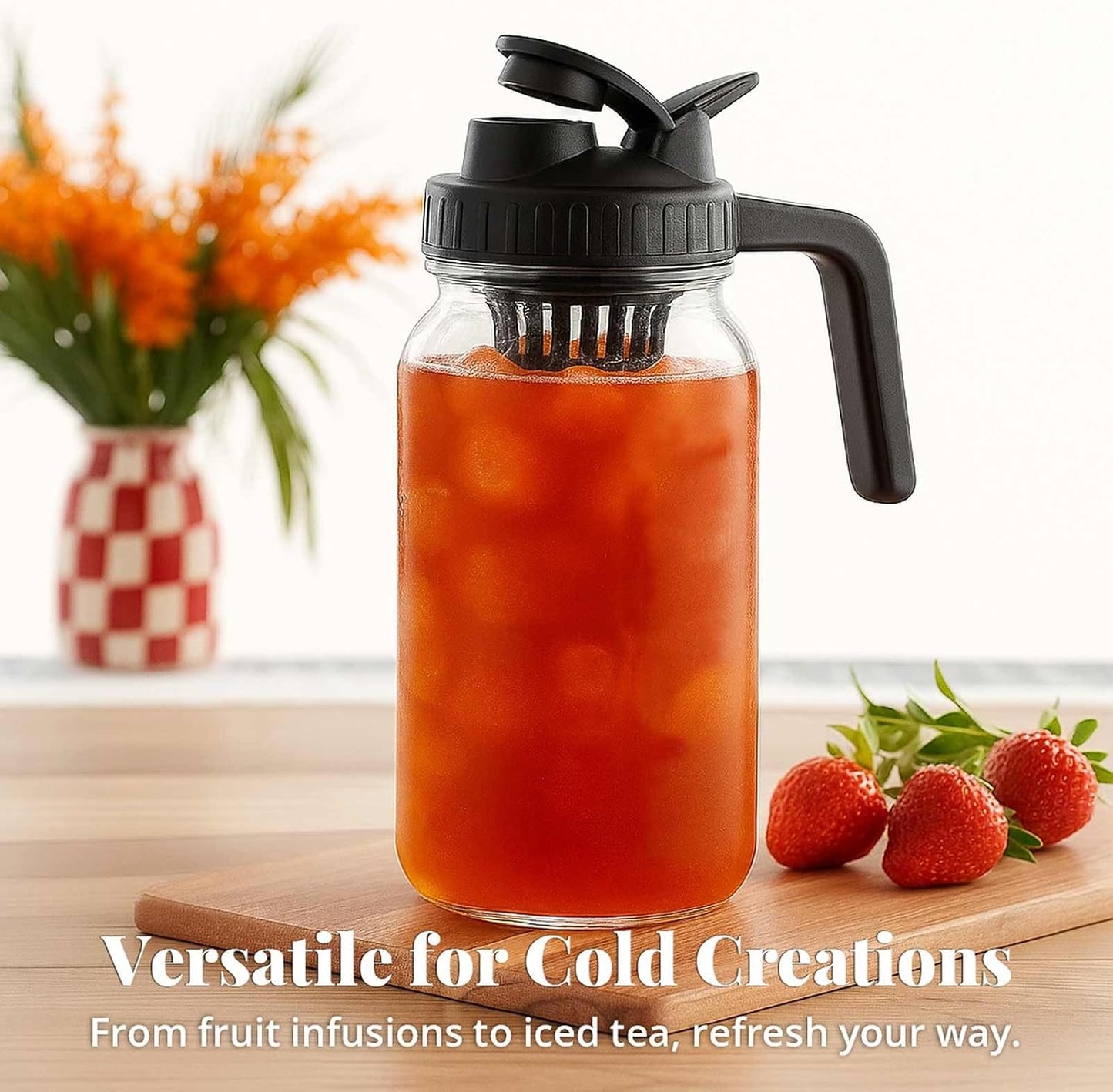 Cold Brew Coffee Maker 64OZ Marson Jars Wide Mouth Glass Picther Spout Lid with Stainless Steel Filter,Leakproof Maker for Iced Tea,Espresso,Lemonade-Black