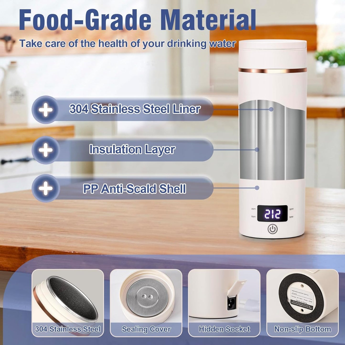 Travel Electric Kettle Portable Mini Kettle,Small Hot Water Boiler with 4 Temperature Settings,304 Stainless Steel,Fast Boiling Water with Auto Shut-Off and Boil Dry Protection,400ml (Beige, 400ML)