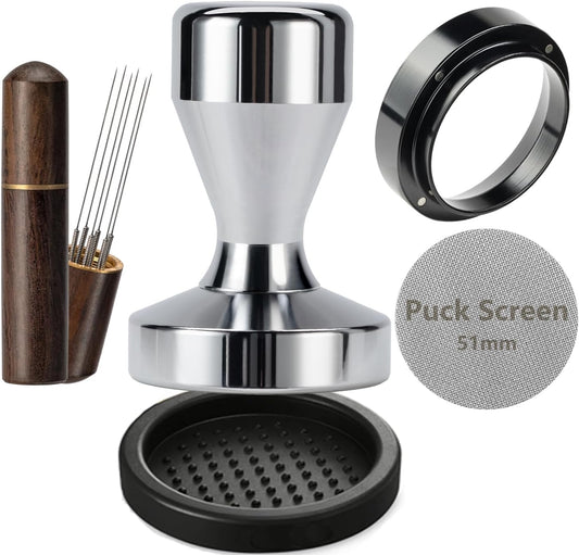 Espresso Accessories Kit 51mm Tamper: Espresso Tamper Kit with 51mm Coffee Tamper, Puck Screen, Dosing Funnel, WDT Tool, Tamper Mat | Espresso Kit Fits Espresso Coffee Machines of 51mm Portafilters