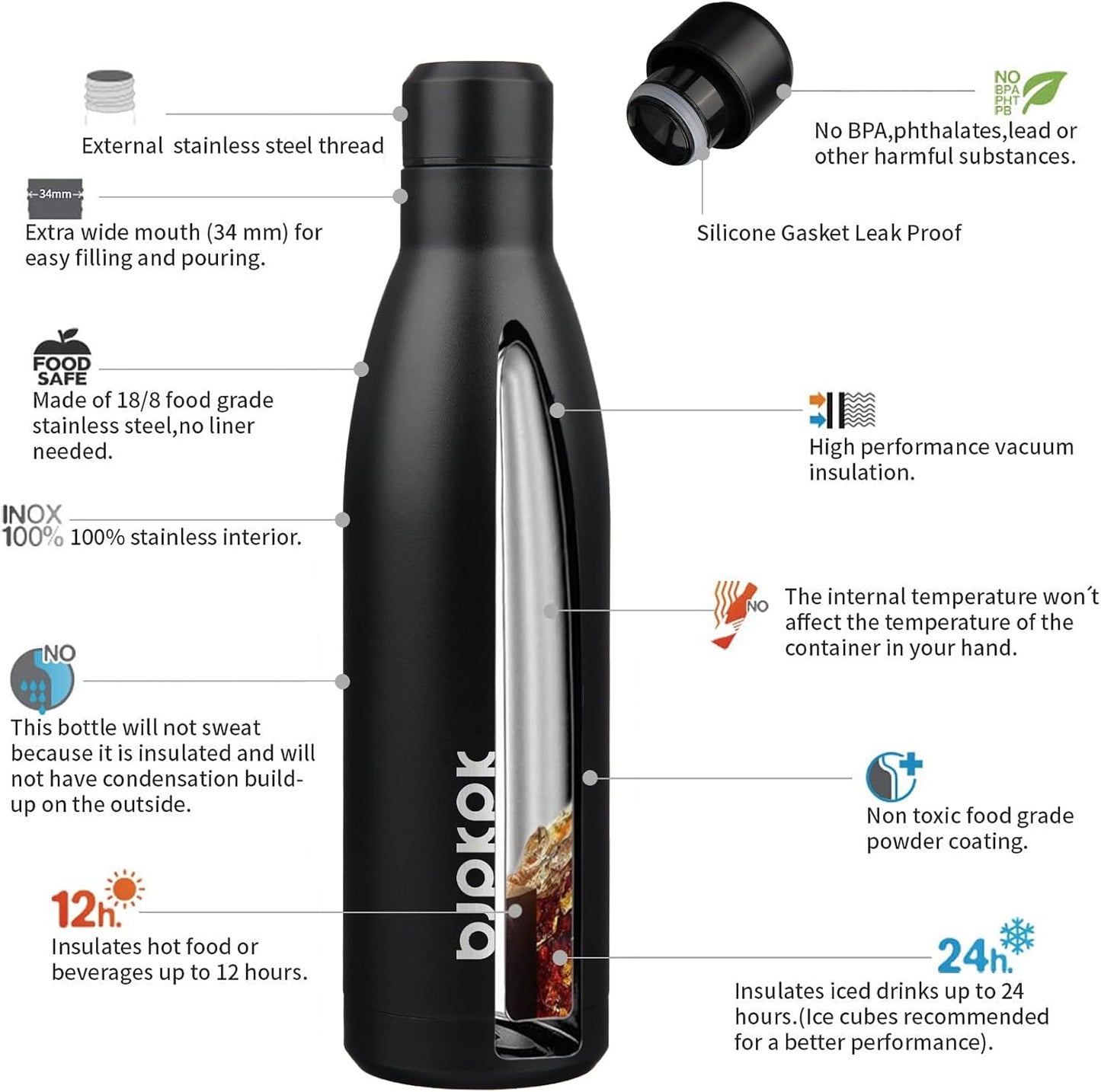 BJPKPK 25oz Insulated Water Bottle Double Wall Vacuum Insulated Stainless Steel Water Bottles for Spots Keep Cold and Hot,Midnight Black