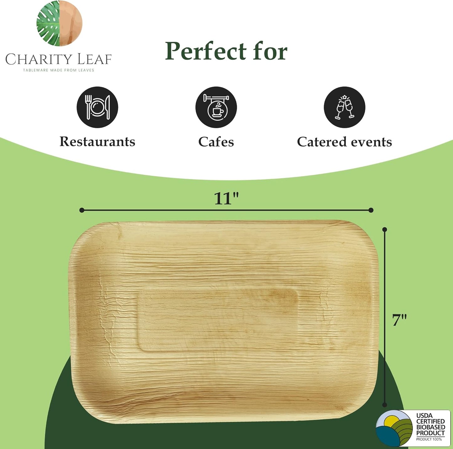 Charity Leaf Palm Leaf Trays 11"x7" (200-Pack) | Eco-Friendly, Biodegradable | for Weddings, Parties & Catering